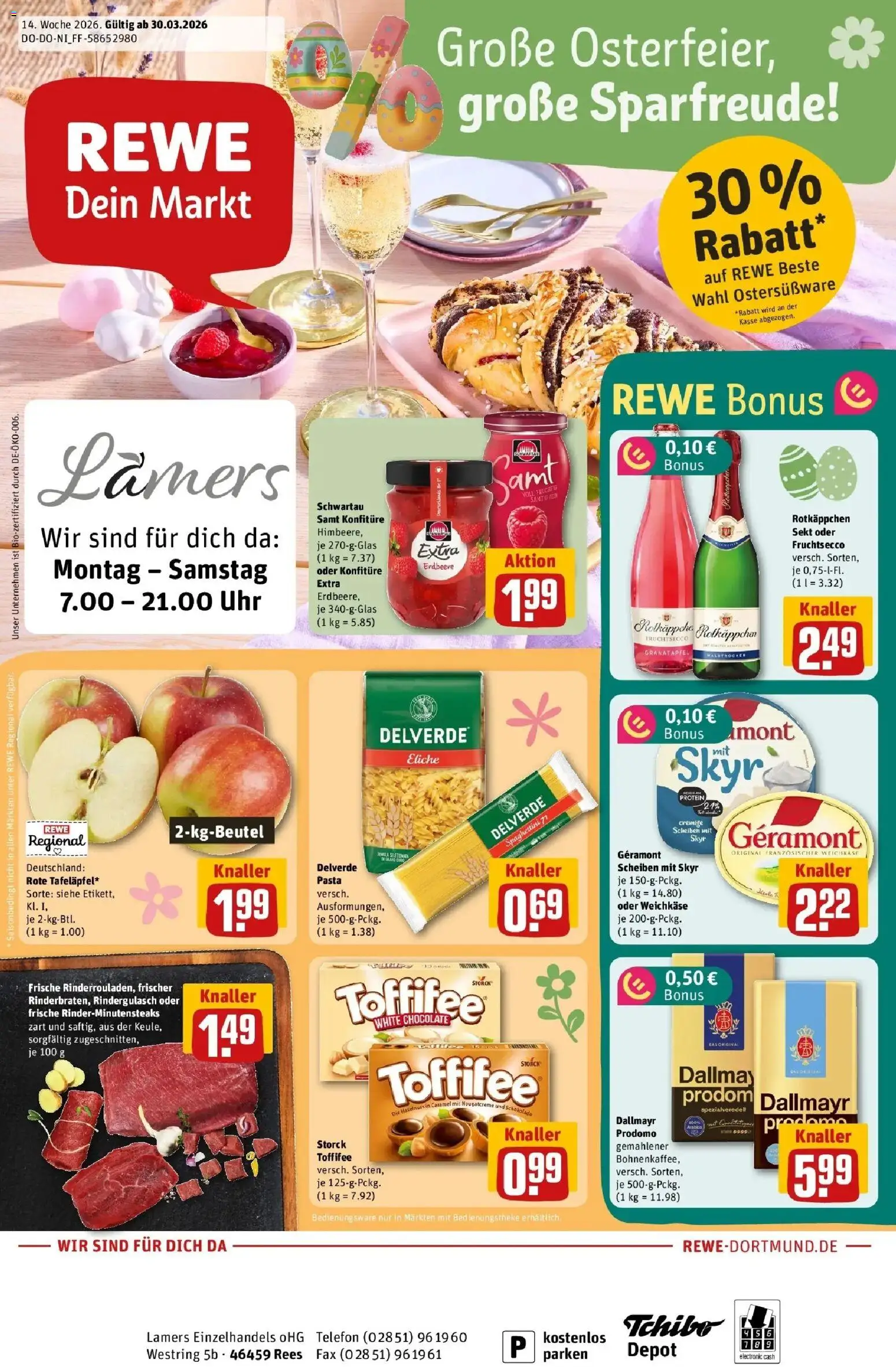 Rewe Prospekt Rees	 – gültig ab 30.03.2026 | Seite: 1 | Produkte: Rindergulasch, Granatapfel, Schwartau samt, Fruchtsecco