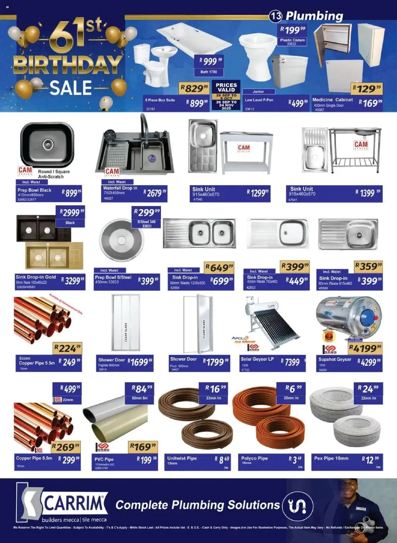 New K. Carrim catalogue – valid from 26.09.2025 | Page: 13 | Products: Geyser, Pipe, Sink, Stock