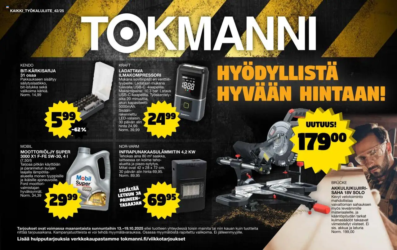 Tokmanni - Työkaluliite – voimassa 13.10.2025 alkaen | Sivu: 1 | Tuotteet: Moottoriöljy, Voi
