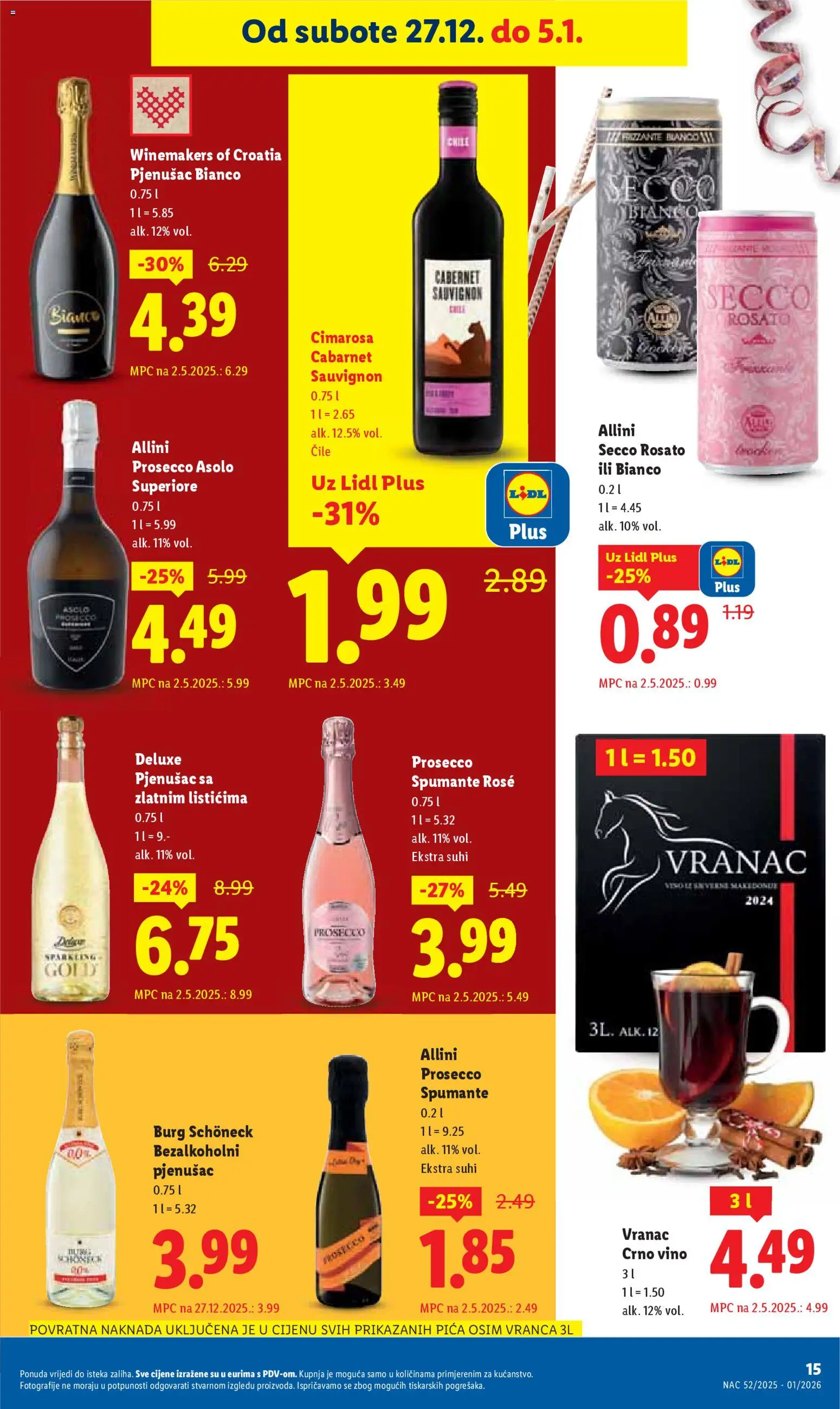 Lidl katalog | vrijedi od 27.12.2025 | Stranica: 15 | Proizvodi: Prosecco, Pica, Vino, Crno vino