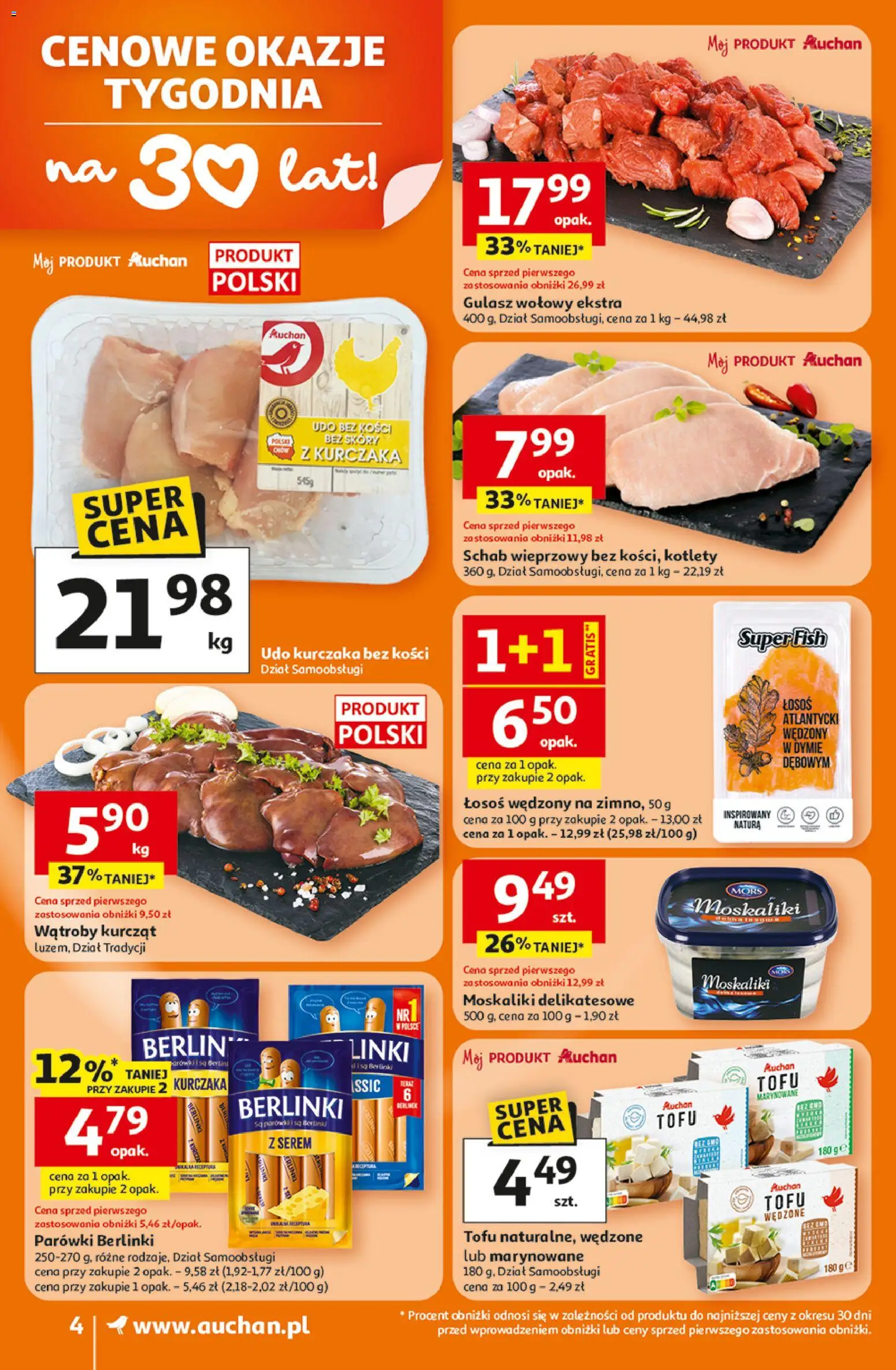 Auchan gazetka od 16.04.2026 | Strona: 4 | Produkty: Schab wieprzowy, Parówki, Tofu, Gulasz