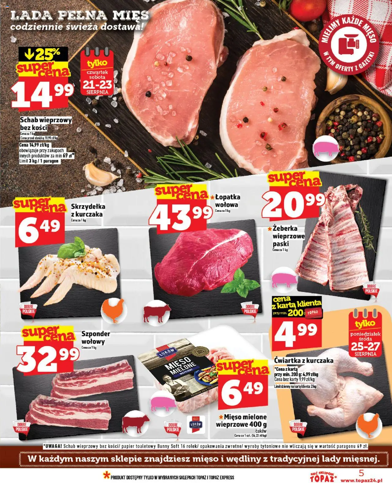 Topaz Gazetka od 21.08.2025 | Strona: 5 | Produkty: Papier toaletowy, Mięso, Schab wieprzowy bez kości, Mięso mielone
