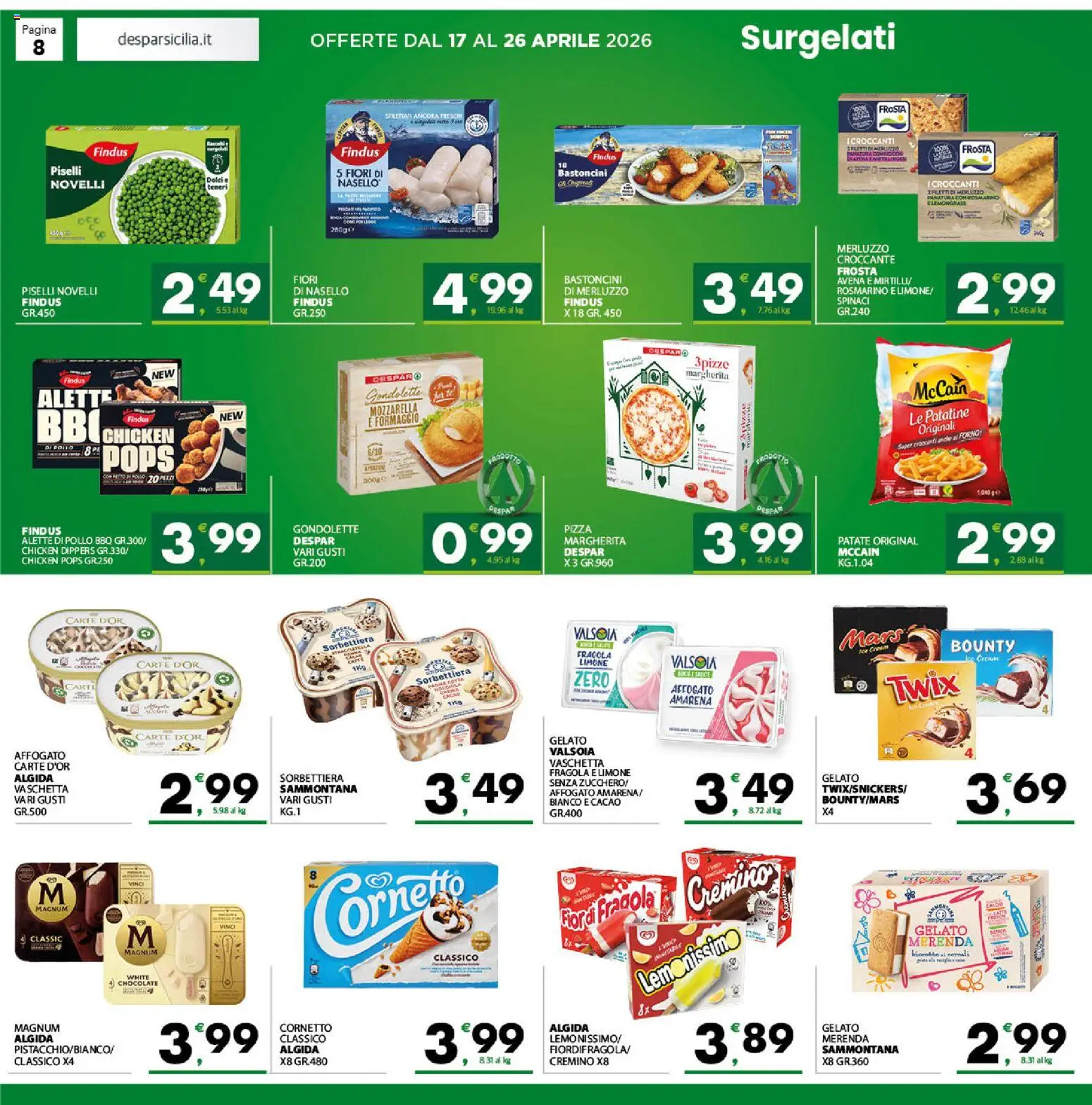 Volantino Despar del 17.04.2026 | Pagina: 8 | Prodotti: Merluzzo, Cereali, Spinaci, Amarena