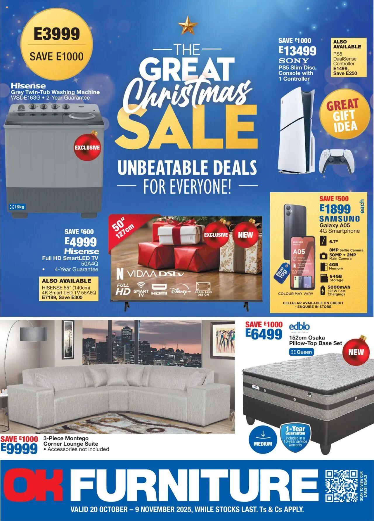 New OK Furniture catalogue – valid from 20.10.2025 | Page: 1 | Products: Camera, Washing machine, TV, Lounge suite