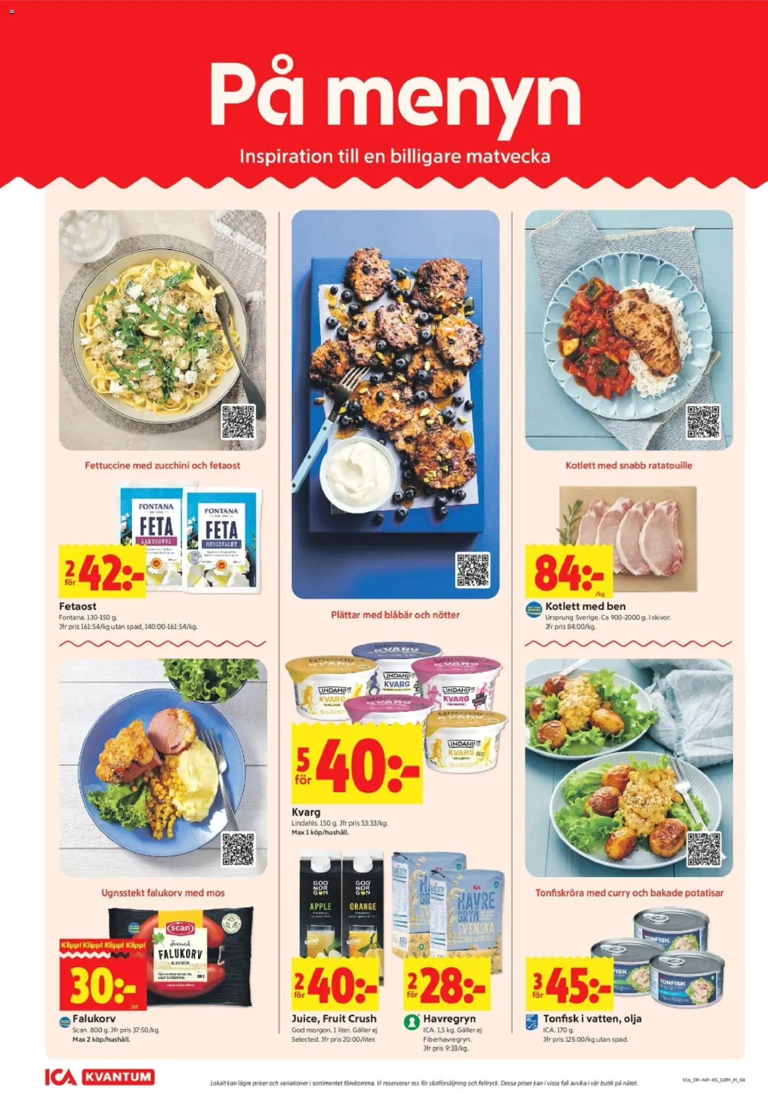 ICA Kvantum reklamblad aktuell från 13.04.2026 | Sida: 4 | Produkter: Falukorv, Äpple, Tonfisk, Zucchini