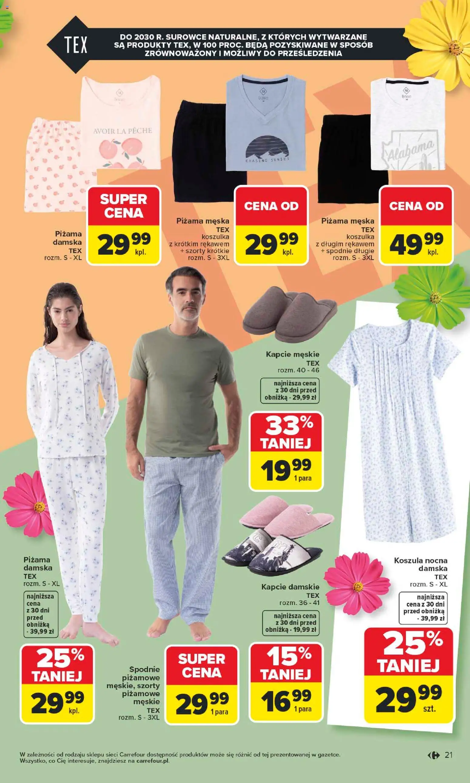 Carrefour gazetka - TEX na spotkanie z wiosną od 07.04.2026 | Strona: 21 | Produkty: Koszula, Spodnie, Piżama, Kapcie