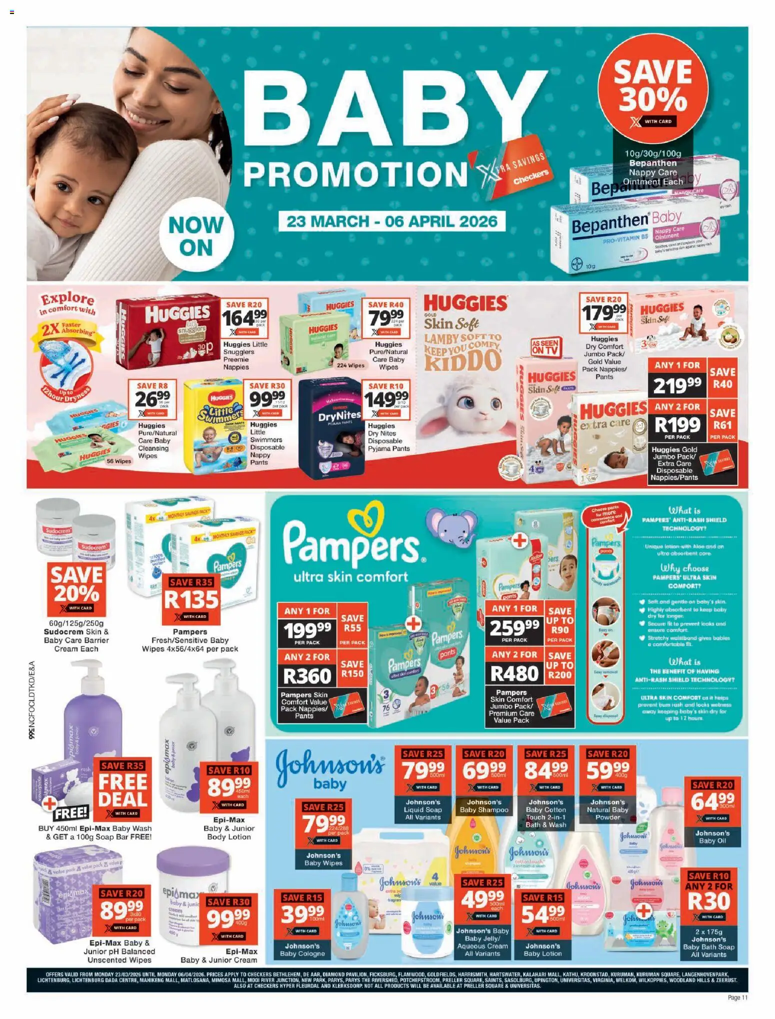 New Checkers catalogue – valid from 23.03.2026 | Page: 11 | Products: Bath, Oil, Soap, Nappies