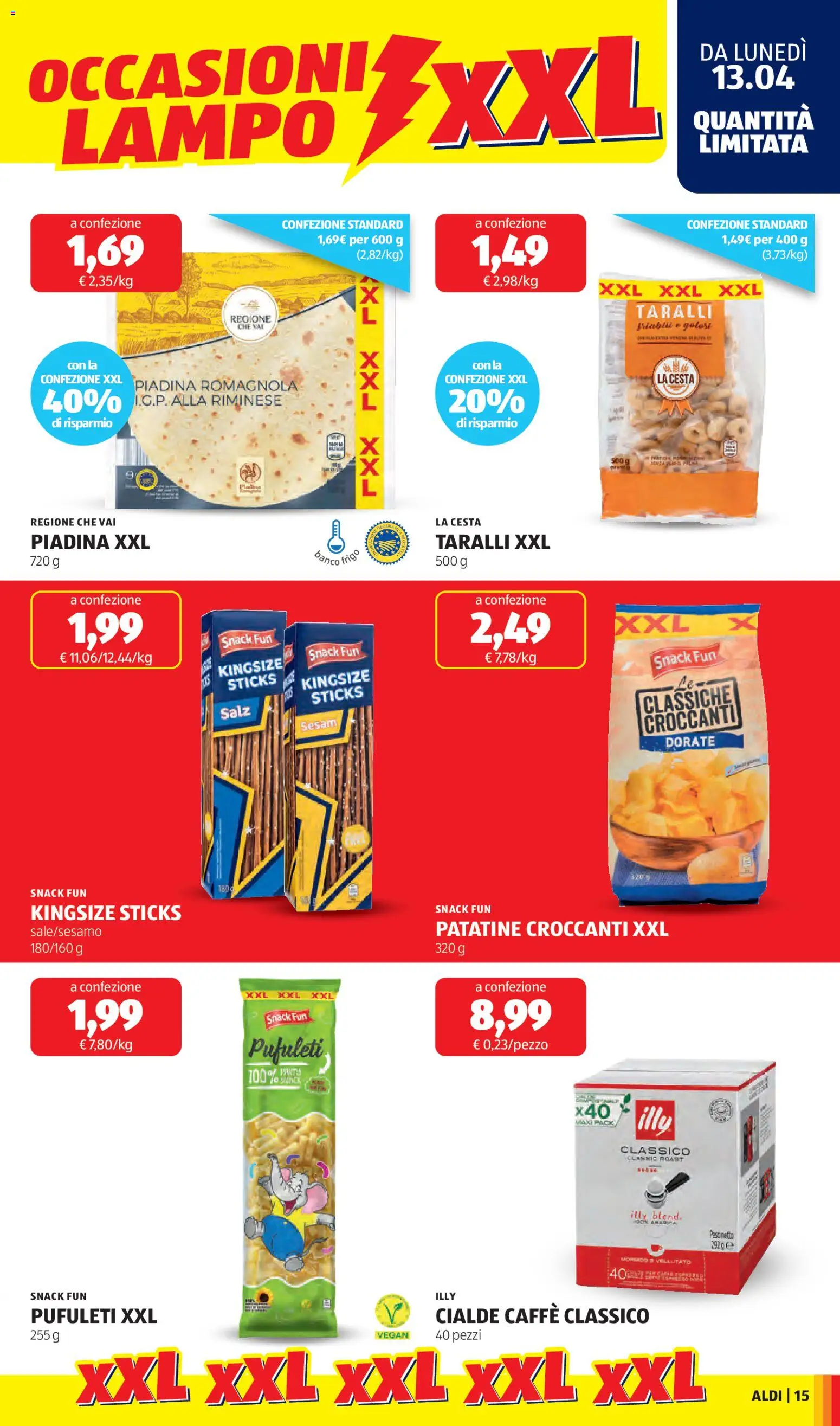 Volantino Aldi del 13.04.2026 | Pagina: 15 | Prodotti: Caffè, Piadina, Taralli, Mais
