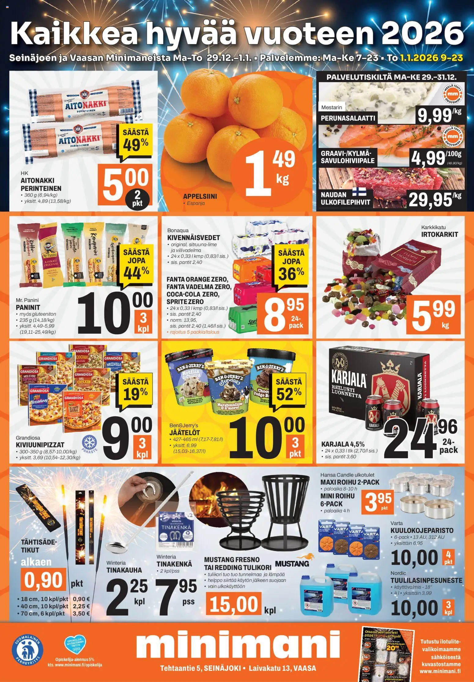 Minimani Tarjoukset - Vaasa – voimassa 29.12.2025 alkaen | Sivu: 1 | Tuotteet: Irtokarkit, Vadelma, Mozzarella, Kinkku