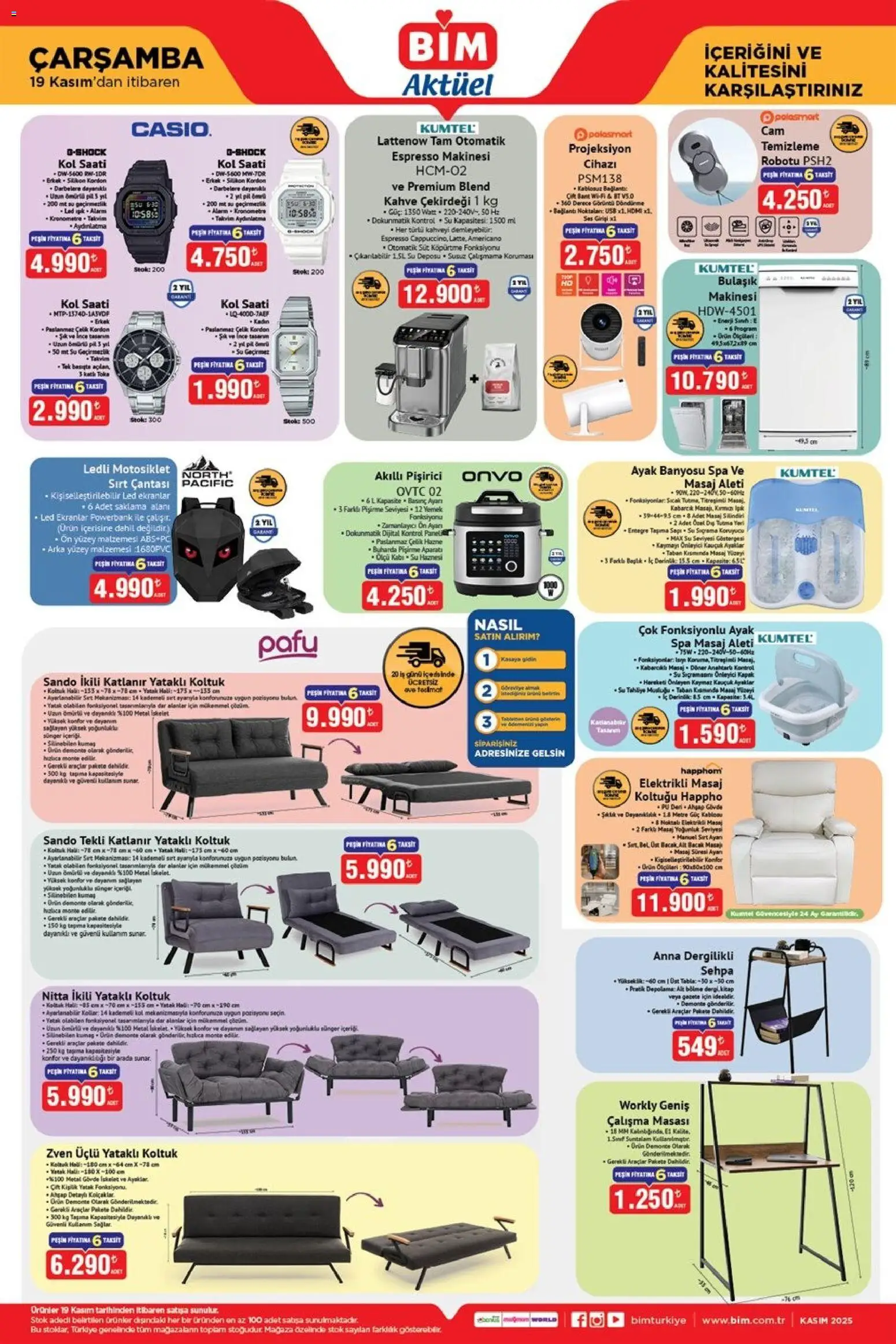 BİM Katalog Çarşamba - 19.11.2025 tarihinden itibaren geçerlidir | Sayfa: 1 | Ürünler: Yatak, Masa, Su, Bant