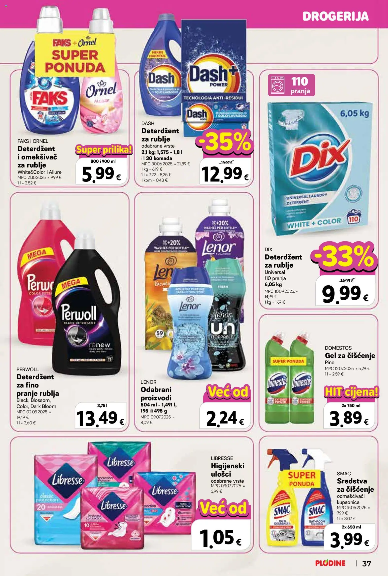Plodine katalog | vrijedi od 05.11.2025 | Stranica: 37 | Proizvodi: Perwoll, Dash, Smac, Libresse