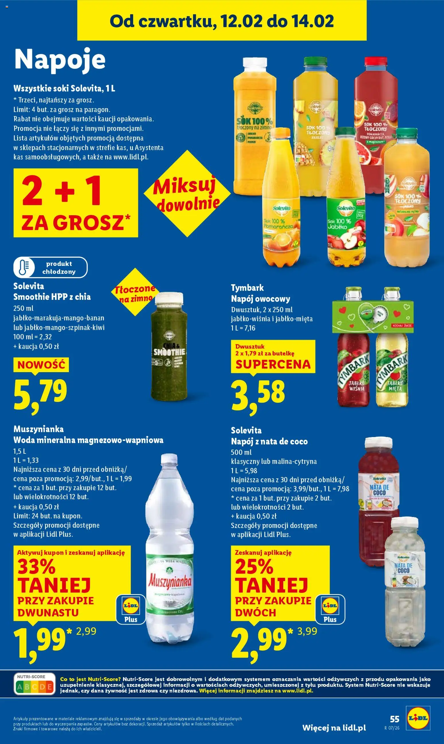 Lidl Gazetka od 12.02.2026 | Strona: 55 | Produkty: Smoothie, Muszynianka, Sok, Woda