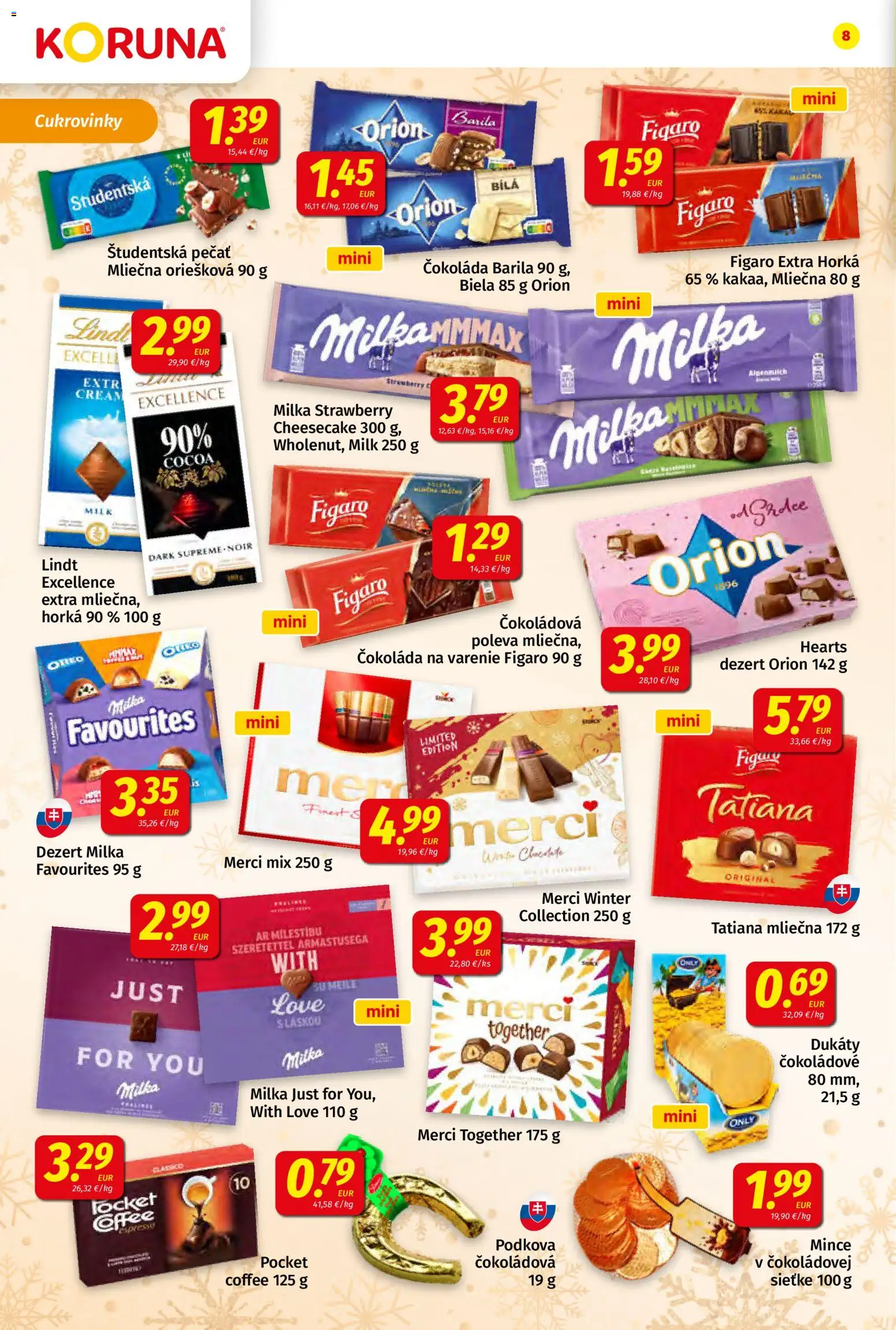 Nové Koruna akcie – leták je platný od 19.12.2025 | Strana: 8 | Produkty: Lindt, Merci, Čokoláda, Študentská pečať