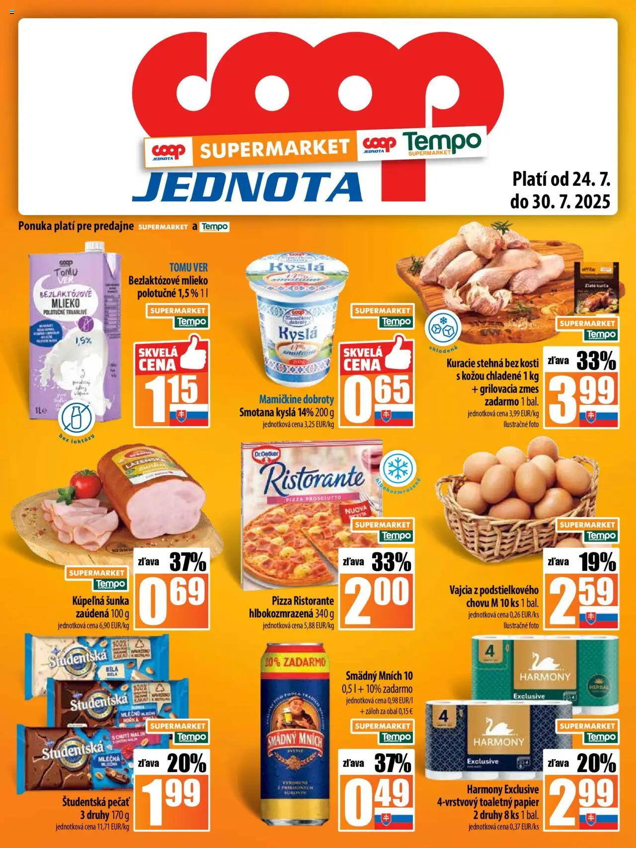 COOP Jednota leták │ platný od 24.07.2025 | Strana: 13 | Produkty: Mlieko, Šunka, Kuracie stehná, Smädný Mních