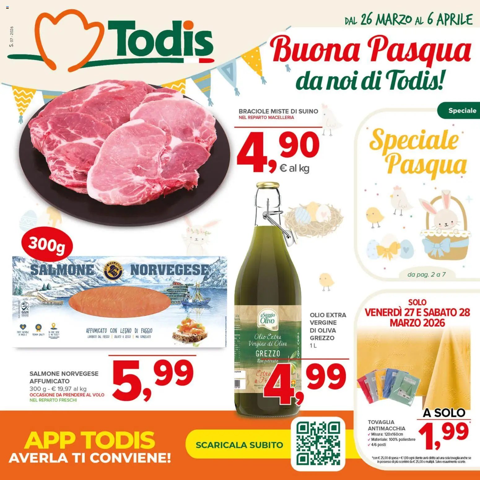 Volantino Todis del 26.03.2026 | Pagina: 1 | Prodotti: Salmone, Olio, Olio extra vergine, Tovaglia