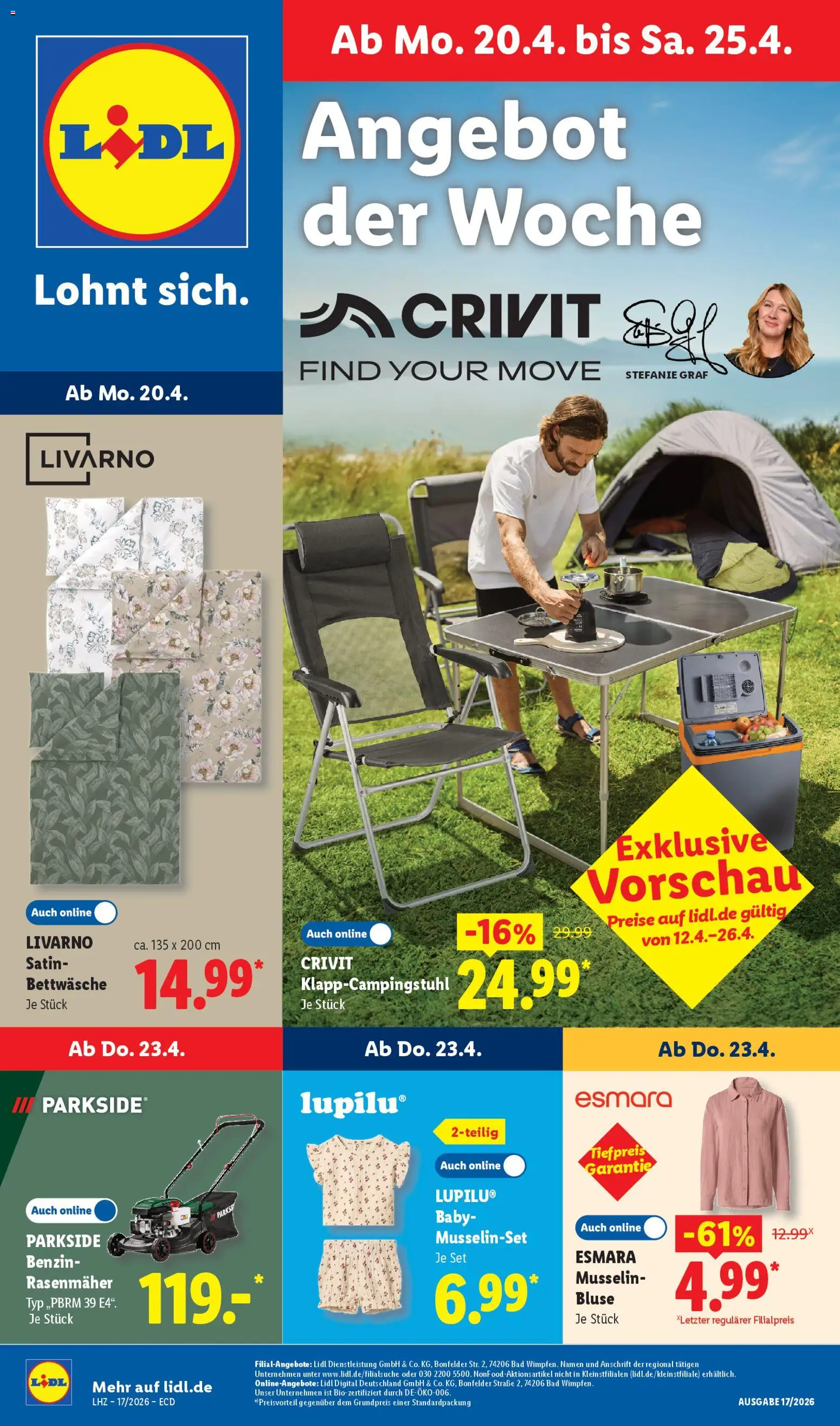 Lidl Prospekt – gültig ab 20.04.2026 | Seite: 1 | Produkte: Rasenmäher, Bettwäsche, Bad, Bluse