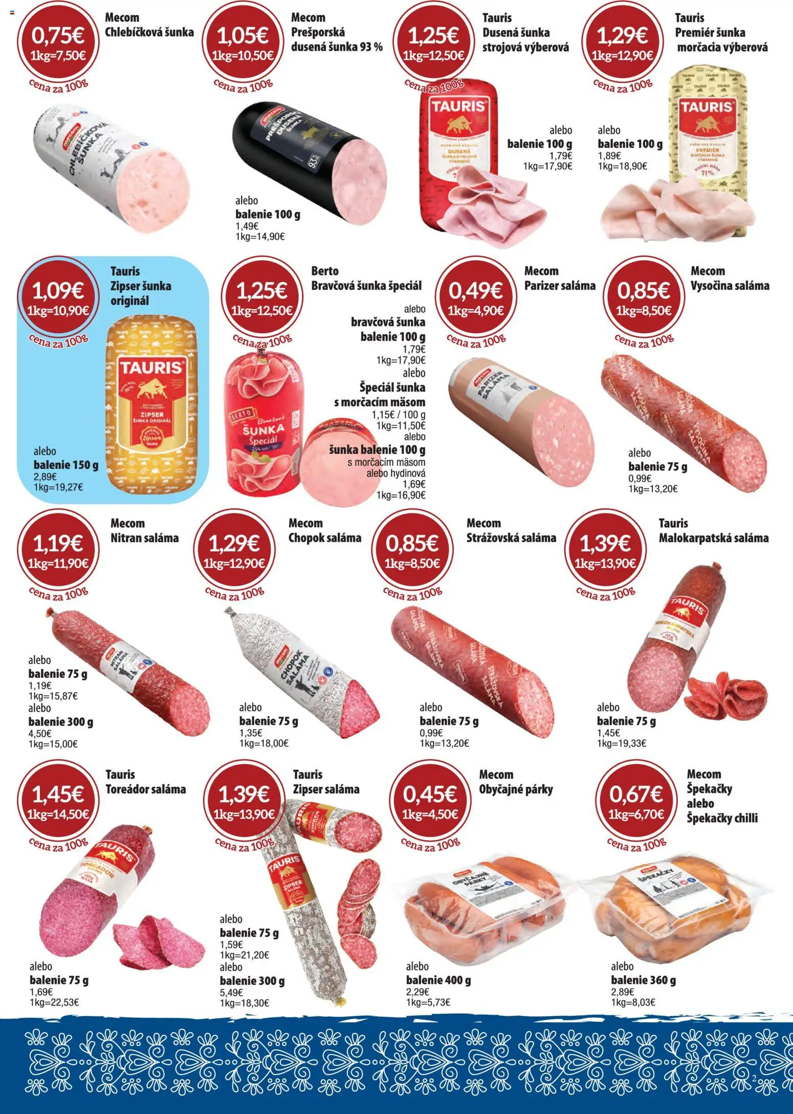 Nové CBA Verex akcie – leták je platný od 01.04.2026 | Strana: 2 | Produkty: Saláma, Šunka, Chilli, Párky