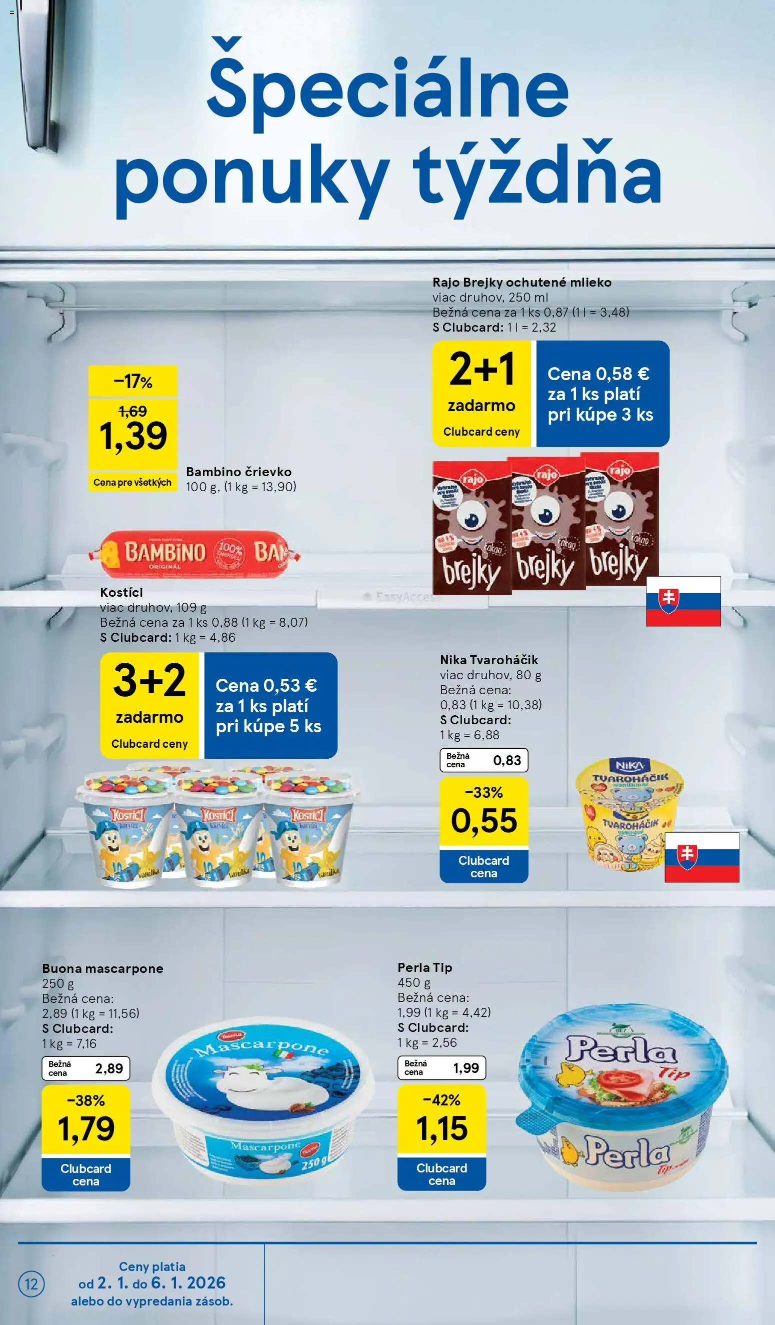 Nové Tesco akcie – leták je platný od 02.01.2026 | Strana: 12 | Produkty: Mlieko, Mascarpone