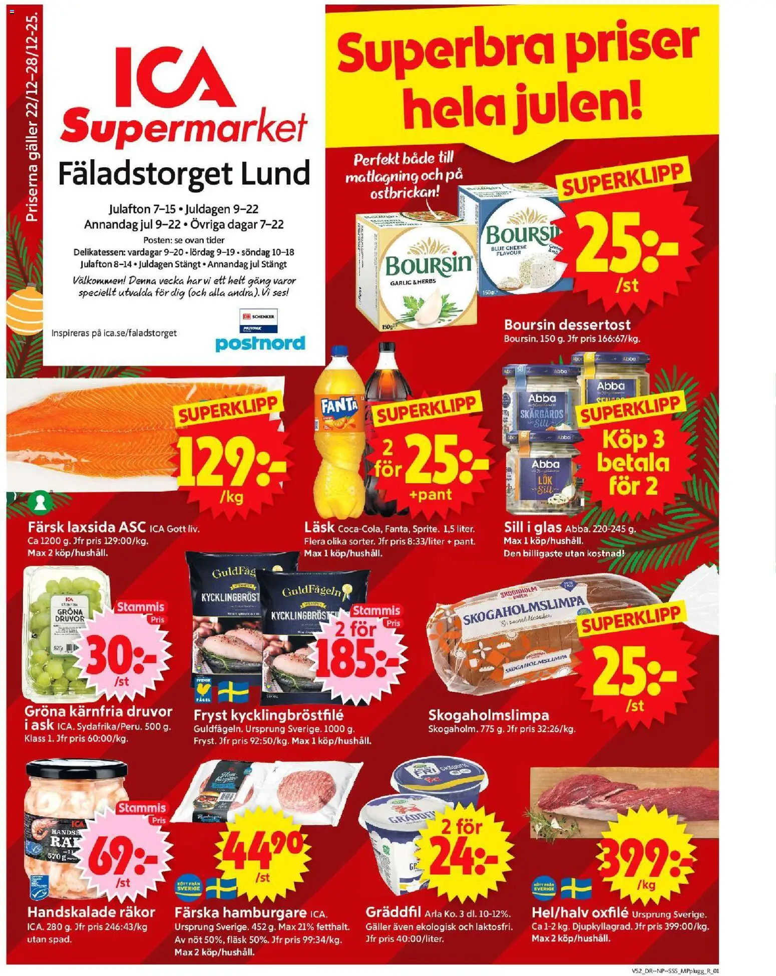 ICA Supermarket reklamblad aktuell från 22.12.2025 | Sida: 1 | Produkter: Hamburgare, Galler, Räkor, Gräddfil