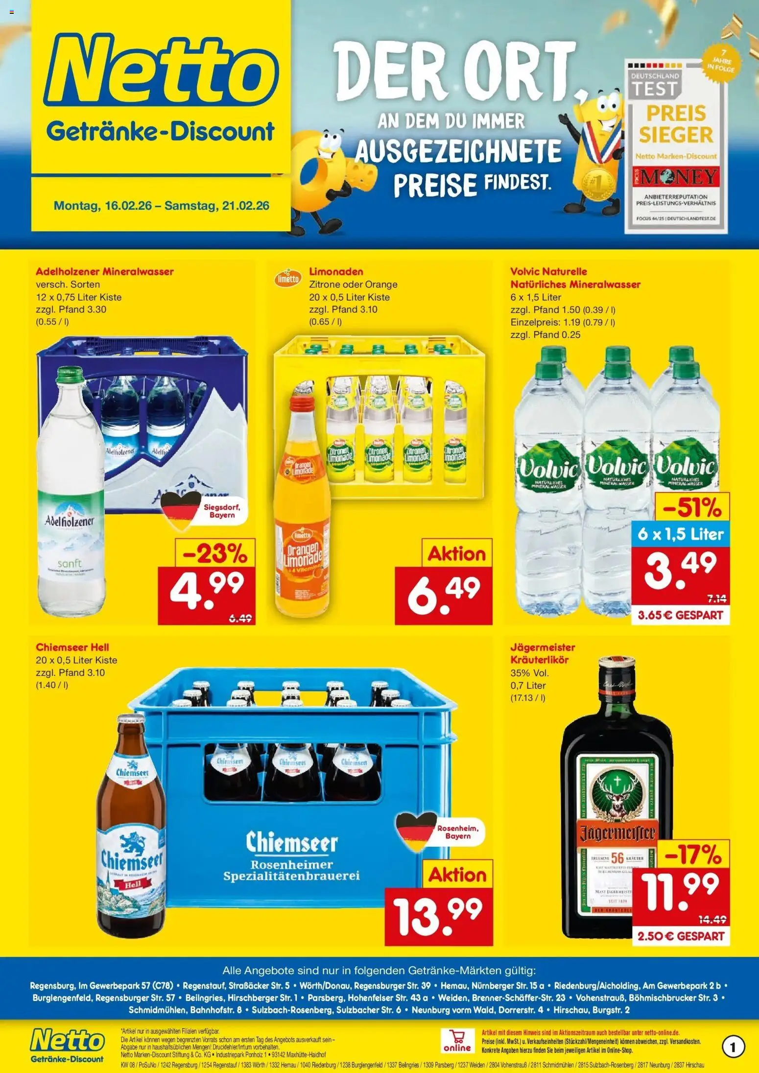 Netto Marken-Discount prospekt Sulzbach-Rosenberg	 – gültig ab 16.02.2026 | Seite: 1 | Produkte: Wasser, Jägermeister, Volvic, Zitronen