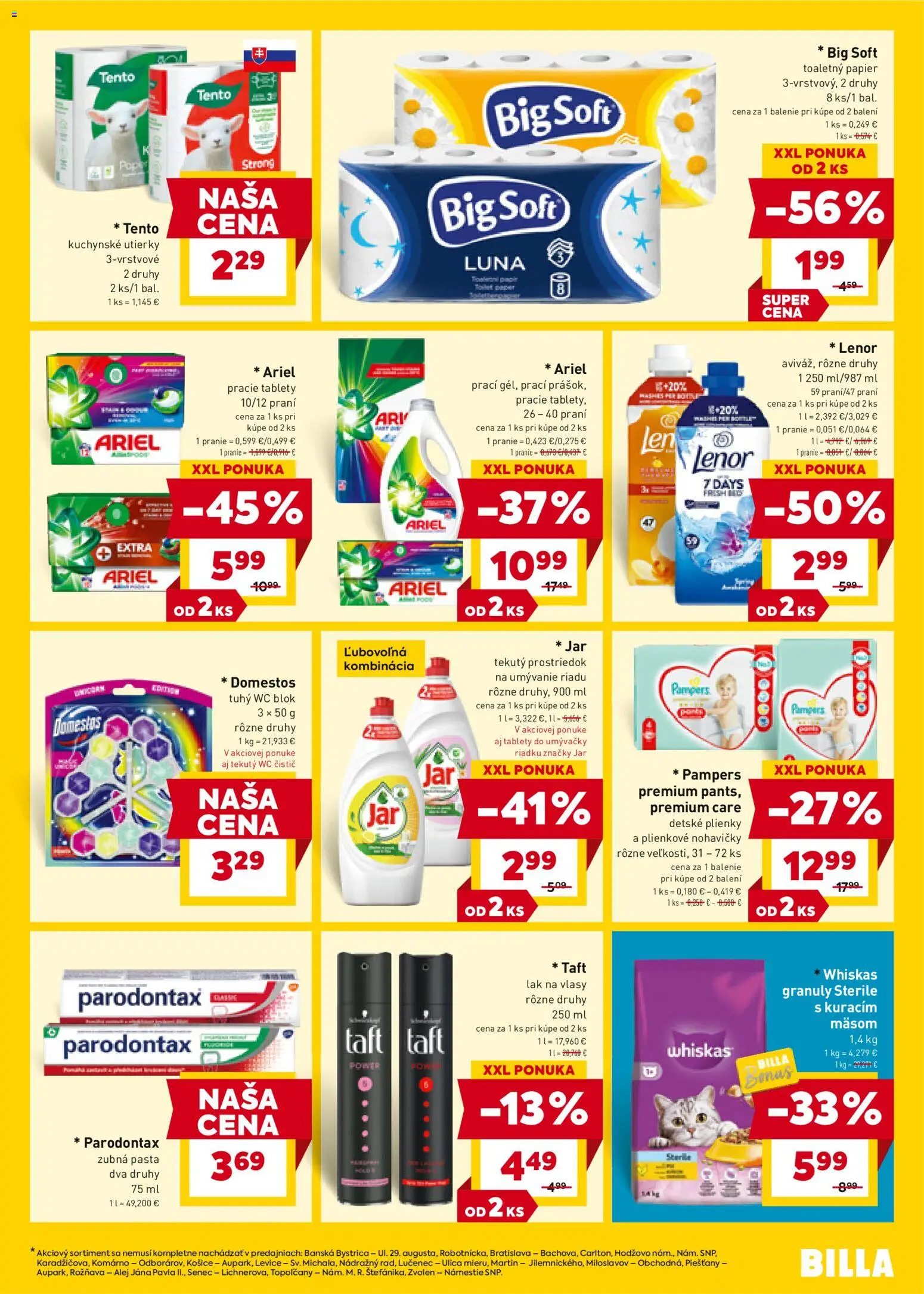 Nové Billa akcie – leták je platný od 27.12.2025 | Strana: 19 | Produkty: Toaletný papier, Whiskas, Ariel, Domestos