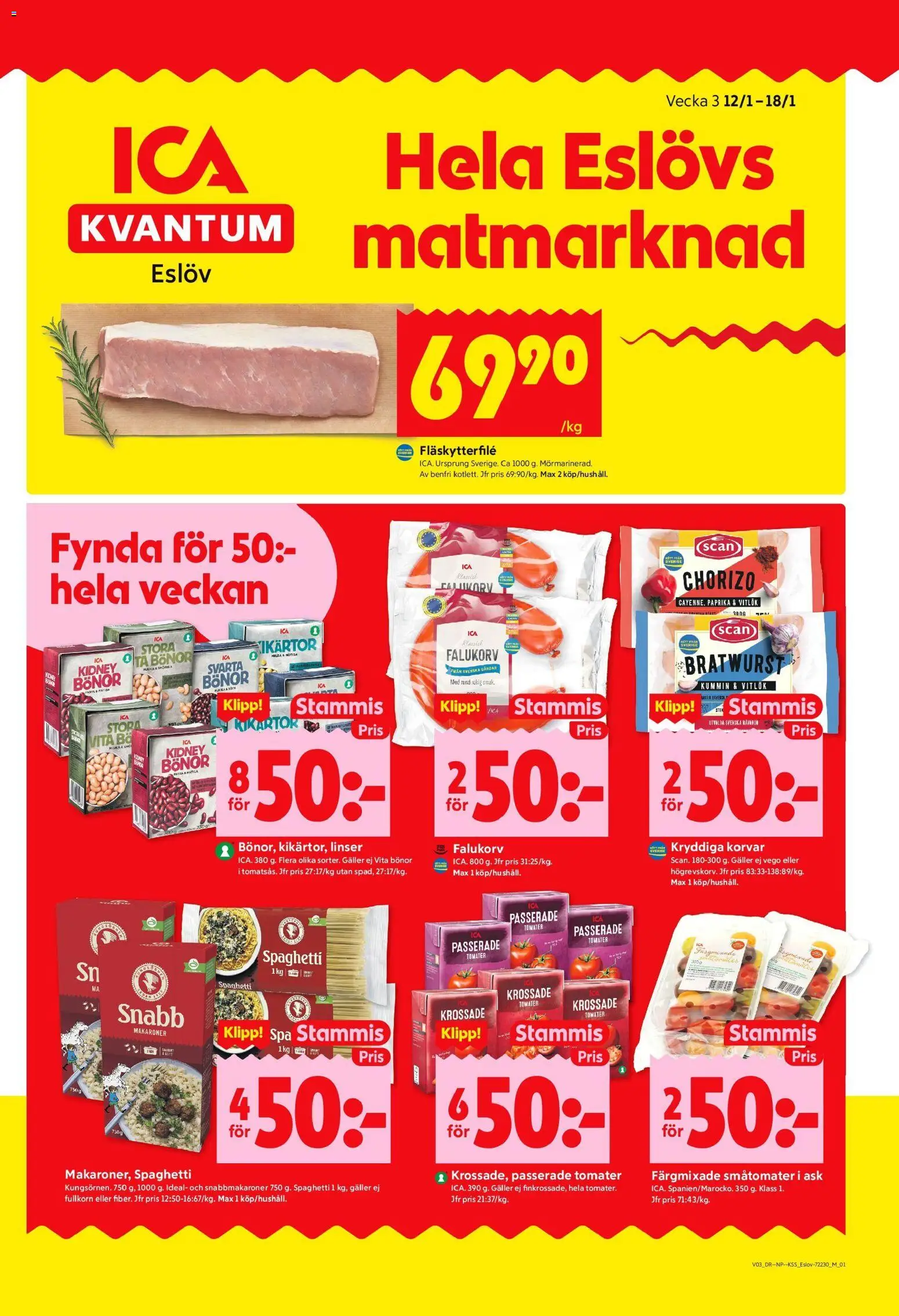 ICA Kvantum reklamblad aktuell från 12.01.2026 | Sida: 1 | Produkter: Kikärtor, Fläskytterfilé, Tomater, Spaghetti