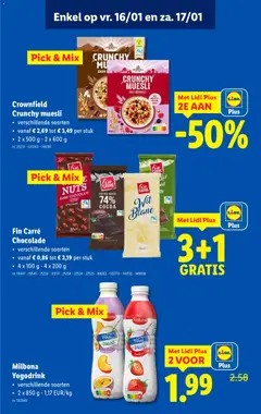 Crownfield Crunchy muesli, verschillende soorten, vanaf € 2,69 tot € 3,49 per stuk, 2 x 500 g - 2 x 600 g - Voorbeeld van een folder van Lidl, geldig van 14.01.2026 | Pagina: 58 | Producten: Muesli, Chocolade