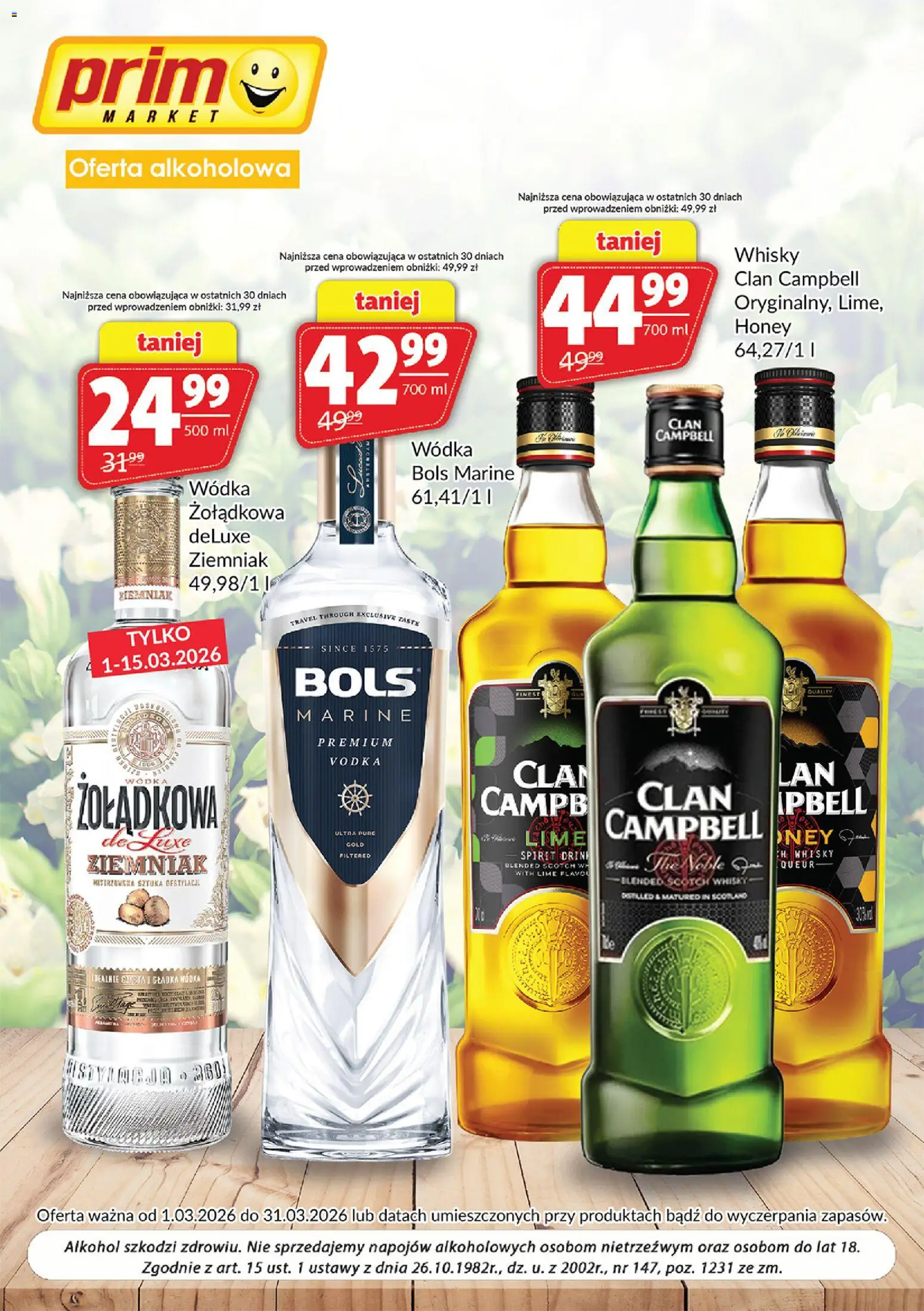 Prim Market gazetka - Oferta alkoholowa od 01.03.2026 | Strona: 1 | Produkty: Vodka, Alkohol, Wódka, Whisky