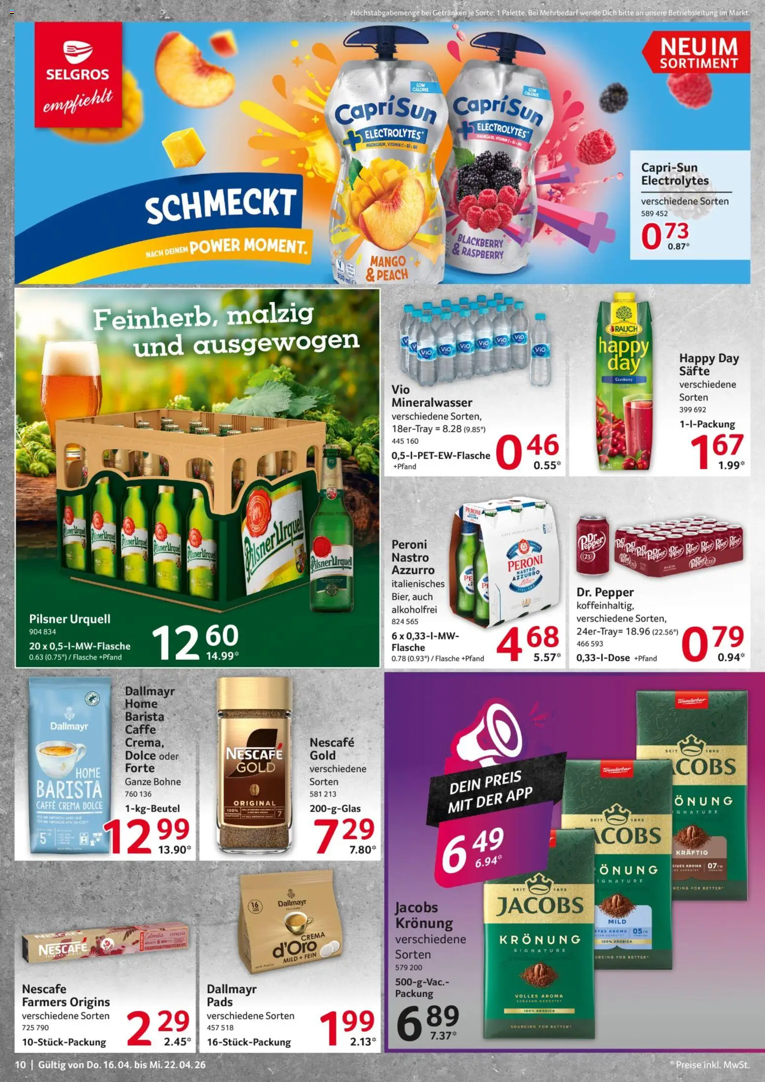 Selgros Prospekt 	 – gültig ab 16.04.2026 | Seite: 10 | Produkte: Nescafe, Mineralwasser, Dallmayr, Mango
