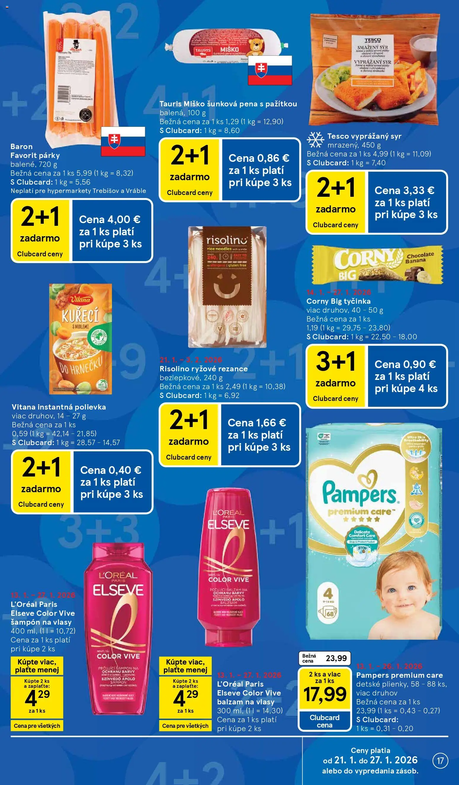 Nové Tesco akcie – leták je platný od 21.01.2026 | Strana: 17 | Produkty: Syr, Pampers Premium Care, Rezance, Pampers