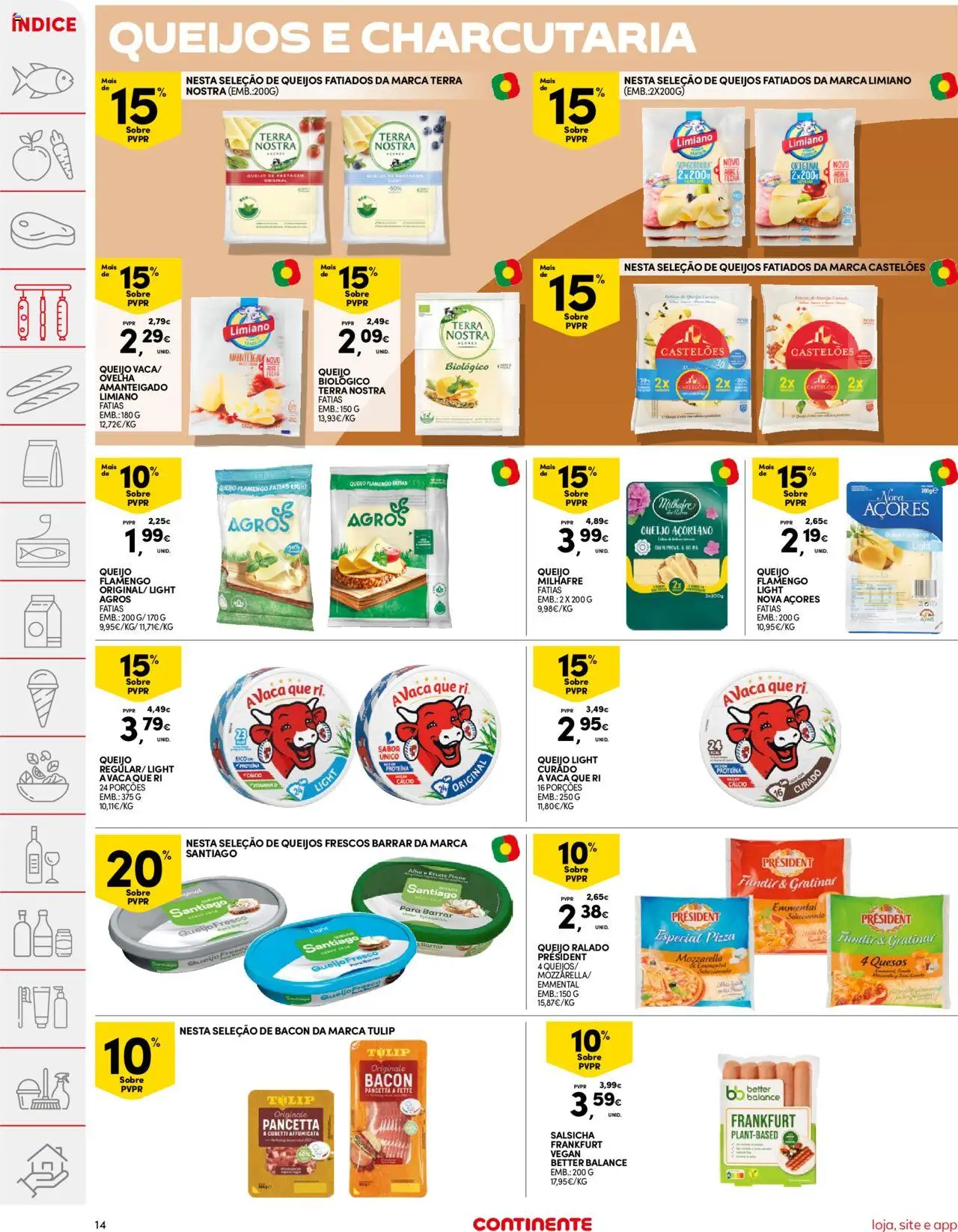 Continente folheto │ válido de 21.10.2025 | Página: 14 | Produtos: Bacon, Salsicha, Queijo, Proteina