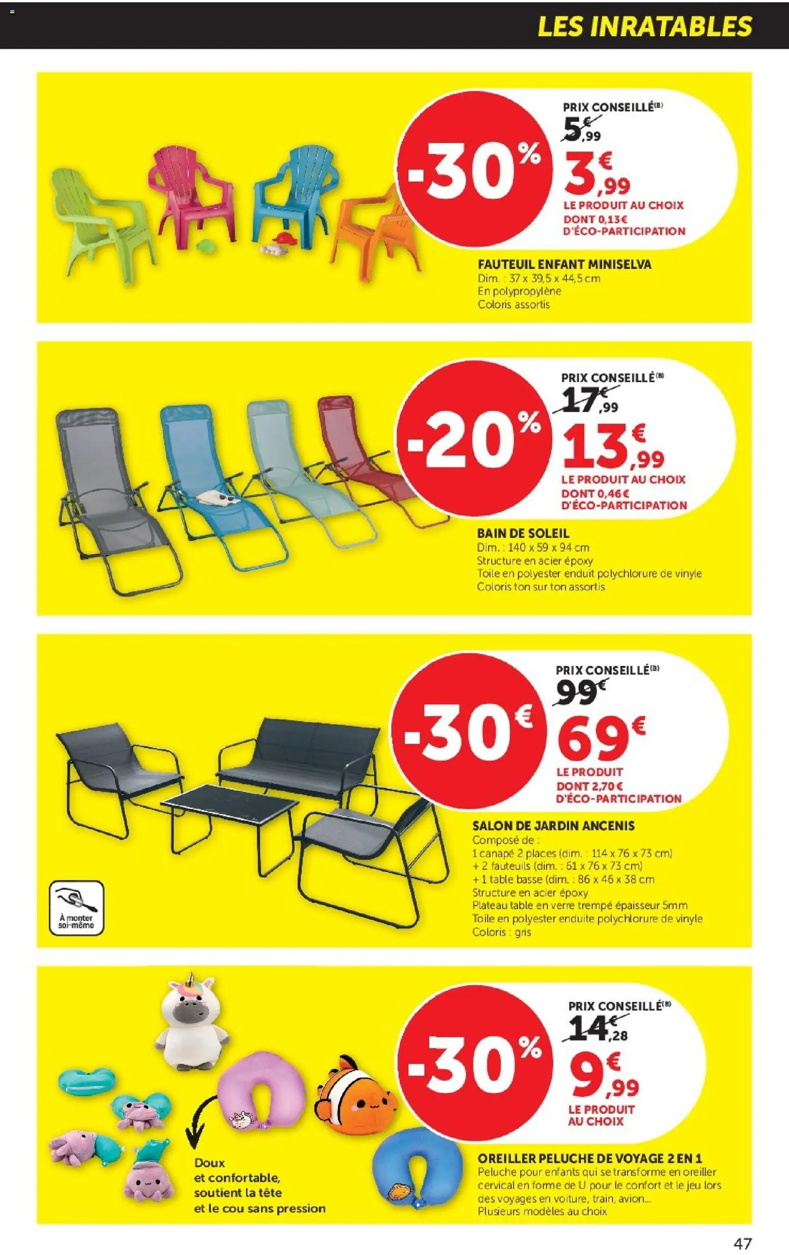 {H1} | Page: 47 | Produits: Bain de soleil, Salon de jardin, Oreiller, Table