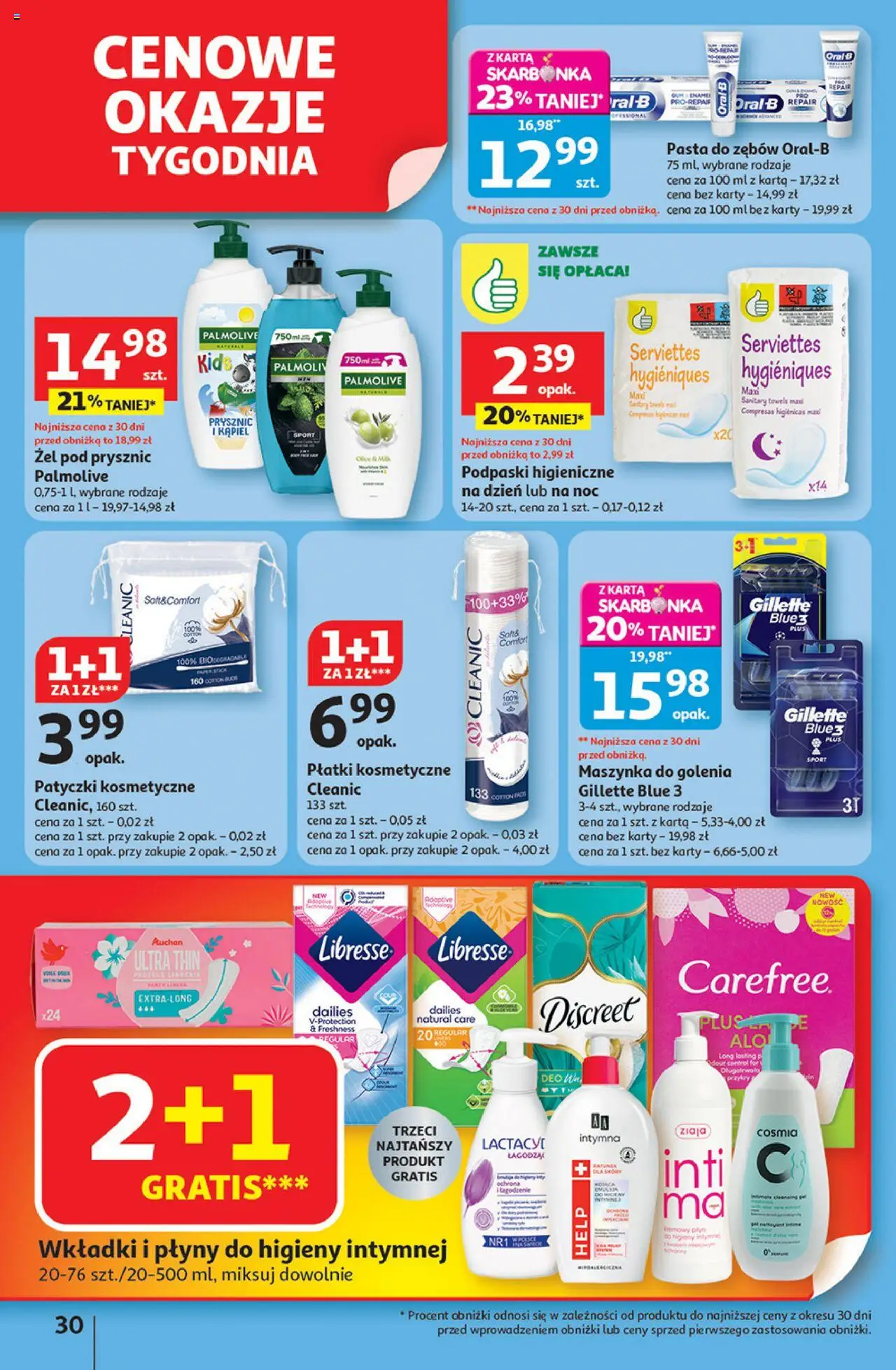 Auchan Gazetka - Pewność niskich cen Hipermarket od 18.09.2025 | Strona: 30 | Produkty: Gillette, Maszynka do golenia, Podpaski, Płatki kosmetyczne