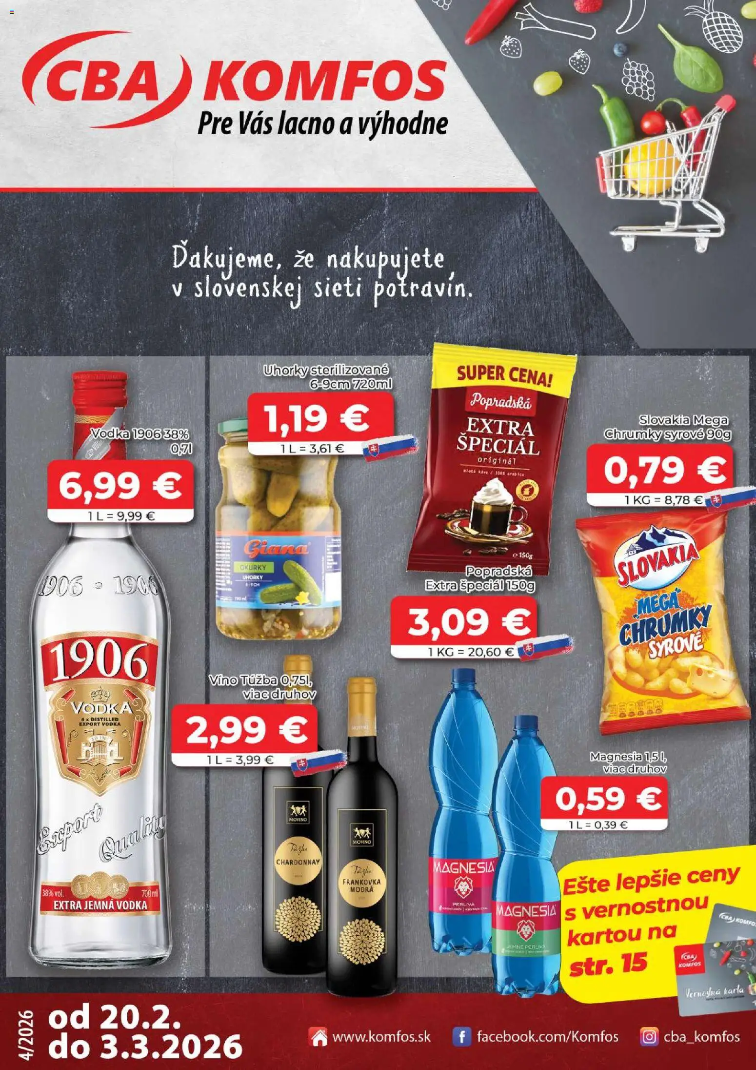 Nové CBA Komfos akcie – leták je platný od 20.02.2026 | Strana: 1 | Produkty: Víno, Magnesia, Vodka, Uhorky