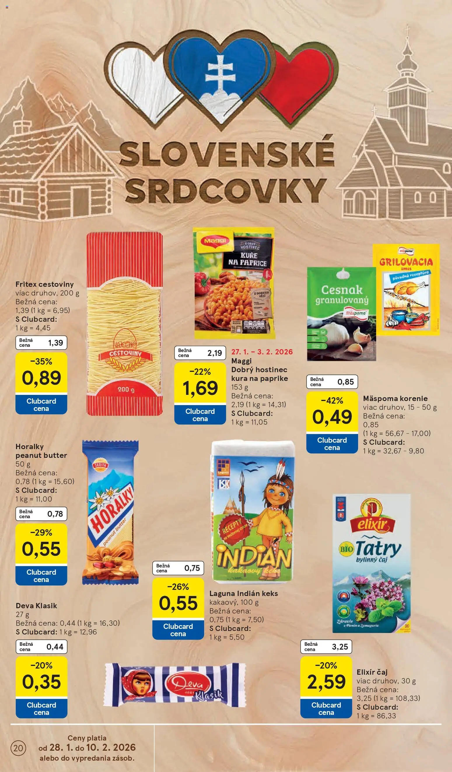 Nové Tesco akcie – leták je platný od 28.01.2026 | Strana: 20 | Produkty: Čaj, Cestoviny, Korenie, Horálky
