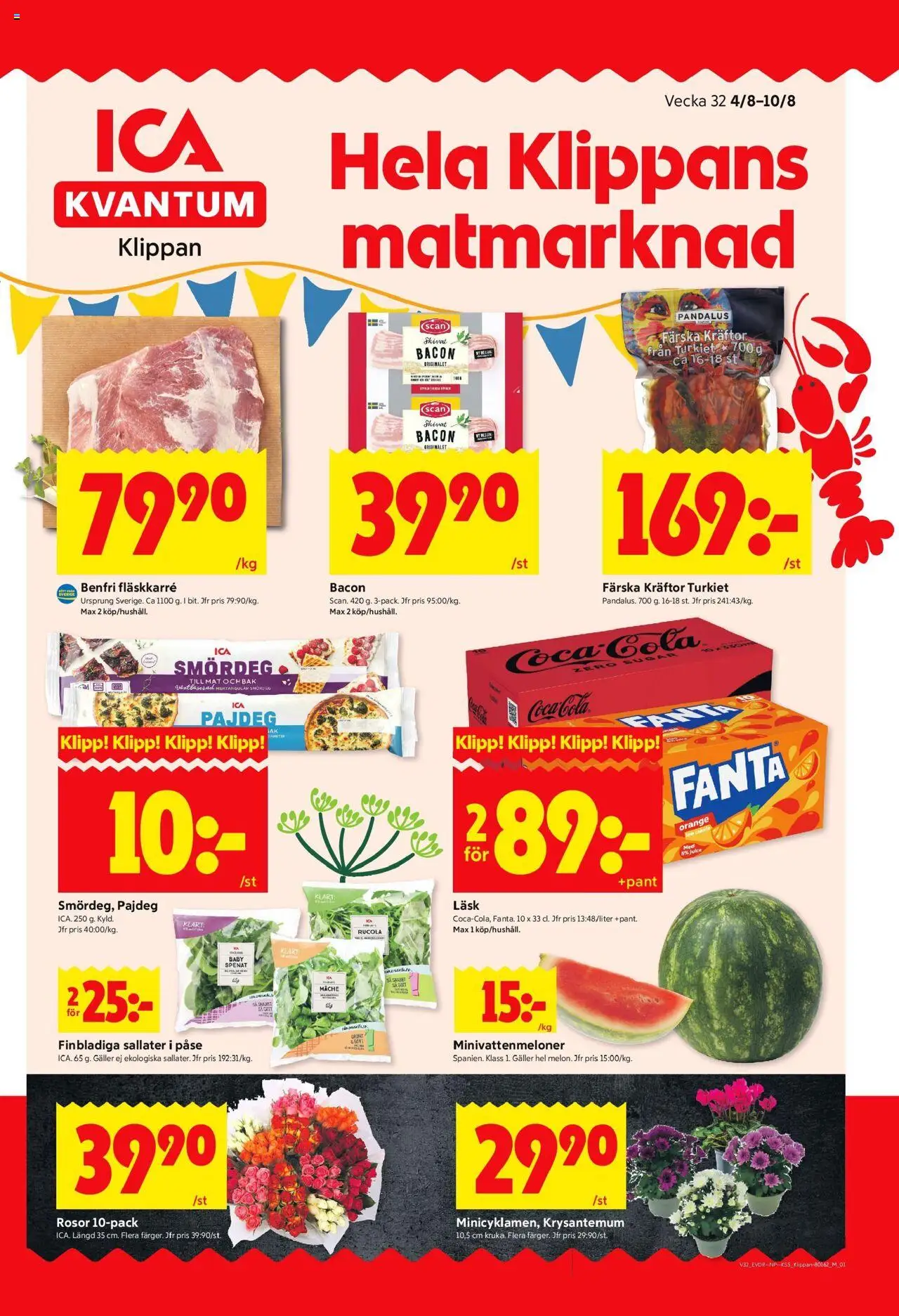 ICA Kvantum reklamblad aktuell från 04.08.2025 | Sida: 1 | Produkter: Kräftor, Bacon, Galler, Juice