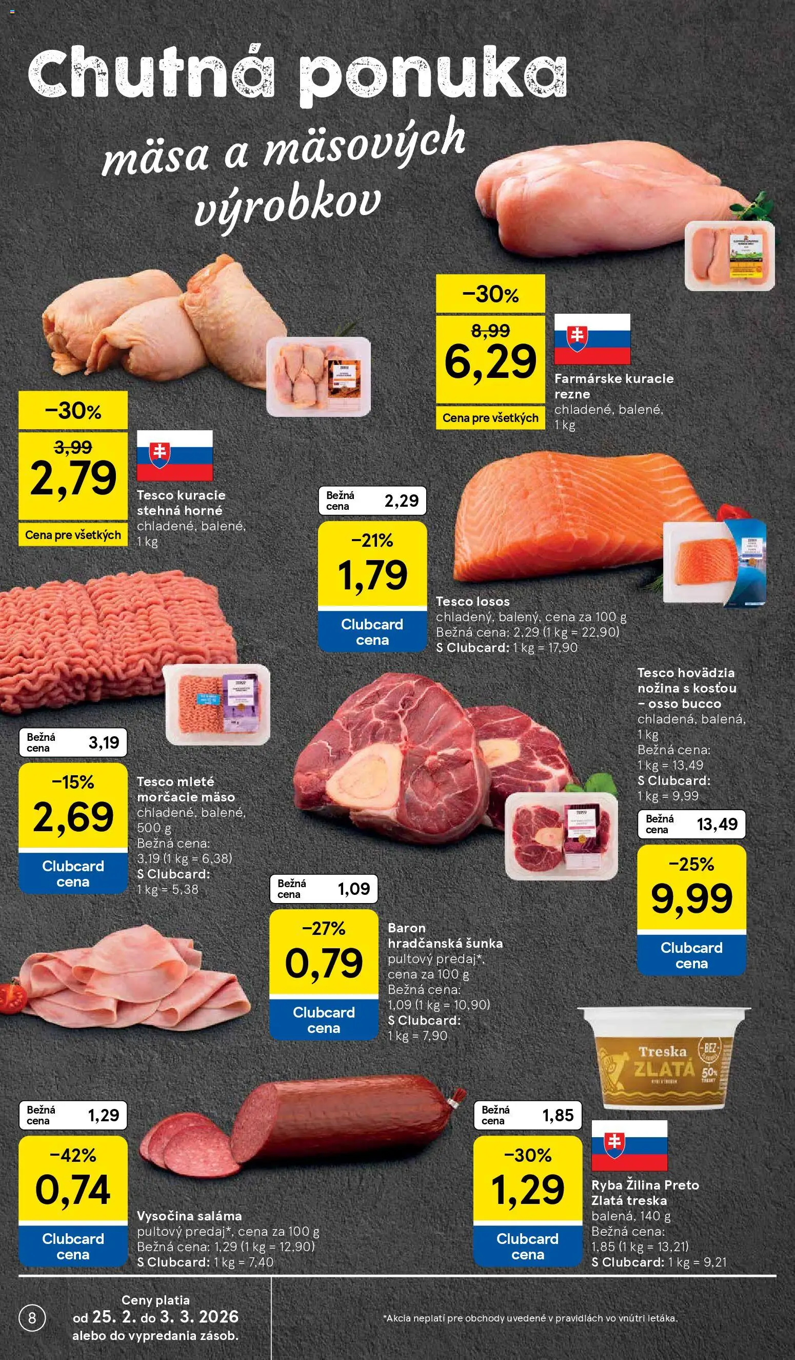 Nové Tesco akcie – leták je platný od 25.02.2026 | Strana: 8 | Produkty: Šunka, Kuracie rezne, Ryba, Losos