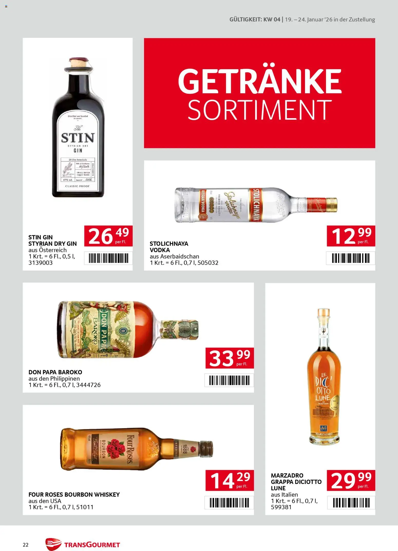 Transgourmet Zustellaktion gültig ab 19.01.2026 | Seite: 22 | Produkte: Gin, Whiskey, Bourbon