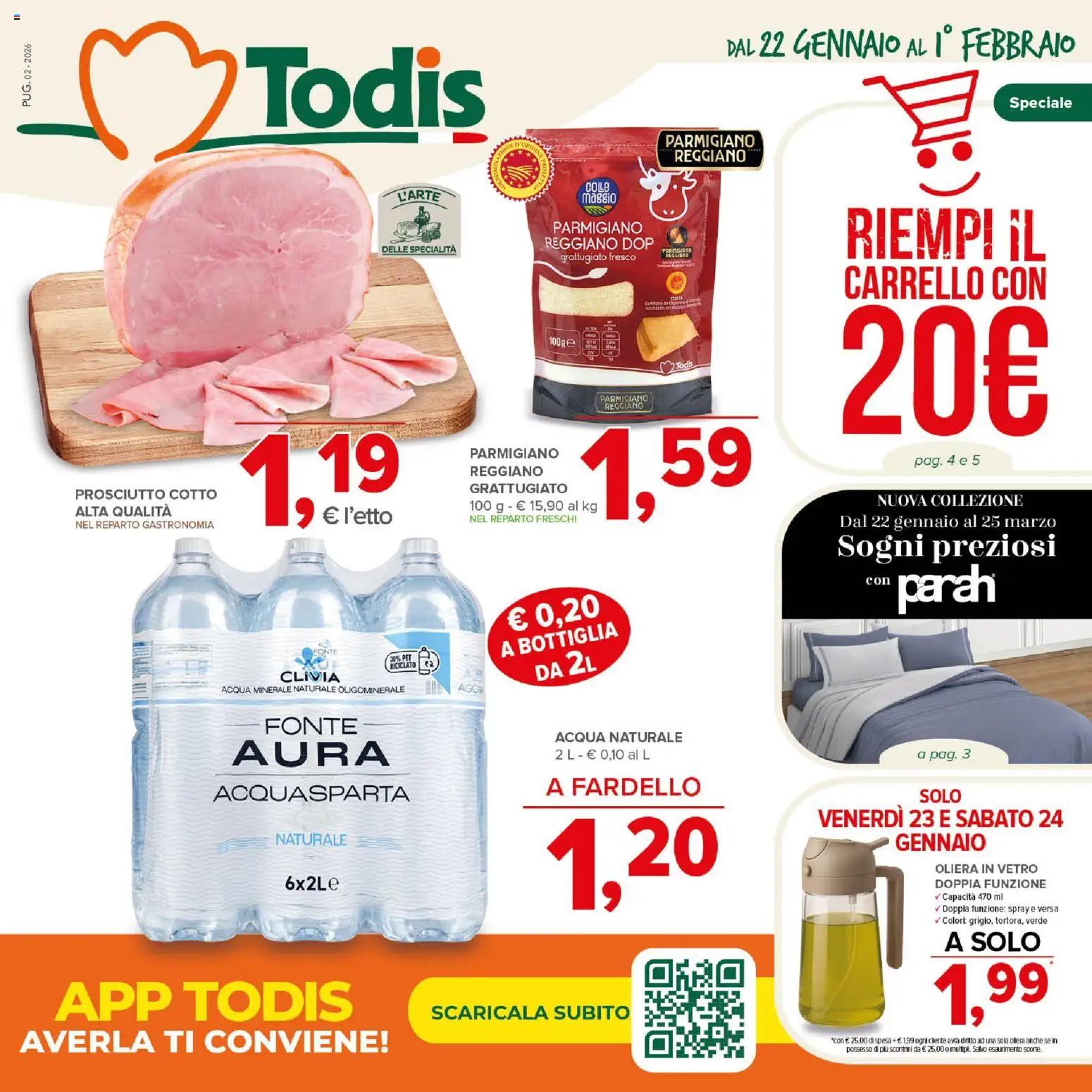 Volantino Todis del 22.01.2026 | Pagina: 1 | Prodotti: Prosciutto Cotto, Acqua, Carrello, Acqua minerale