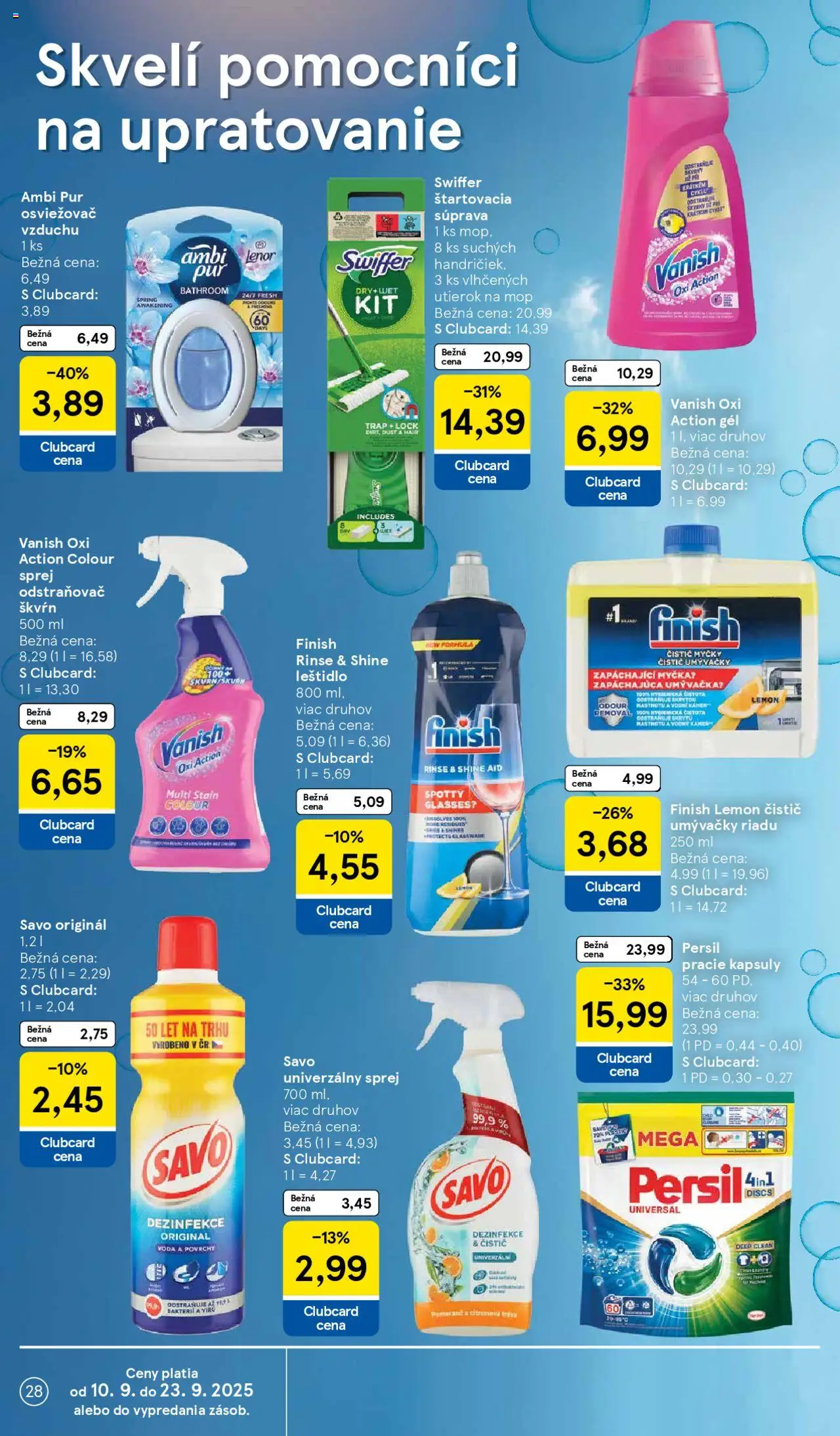 Nové Tesco akcie – leták je platný od 10.09.2025 | Strana: 28 | Produkty: Osviežovač vzduchu, Umývačka, Savo