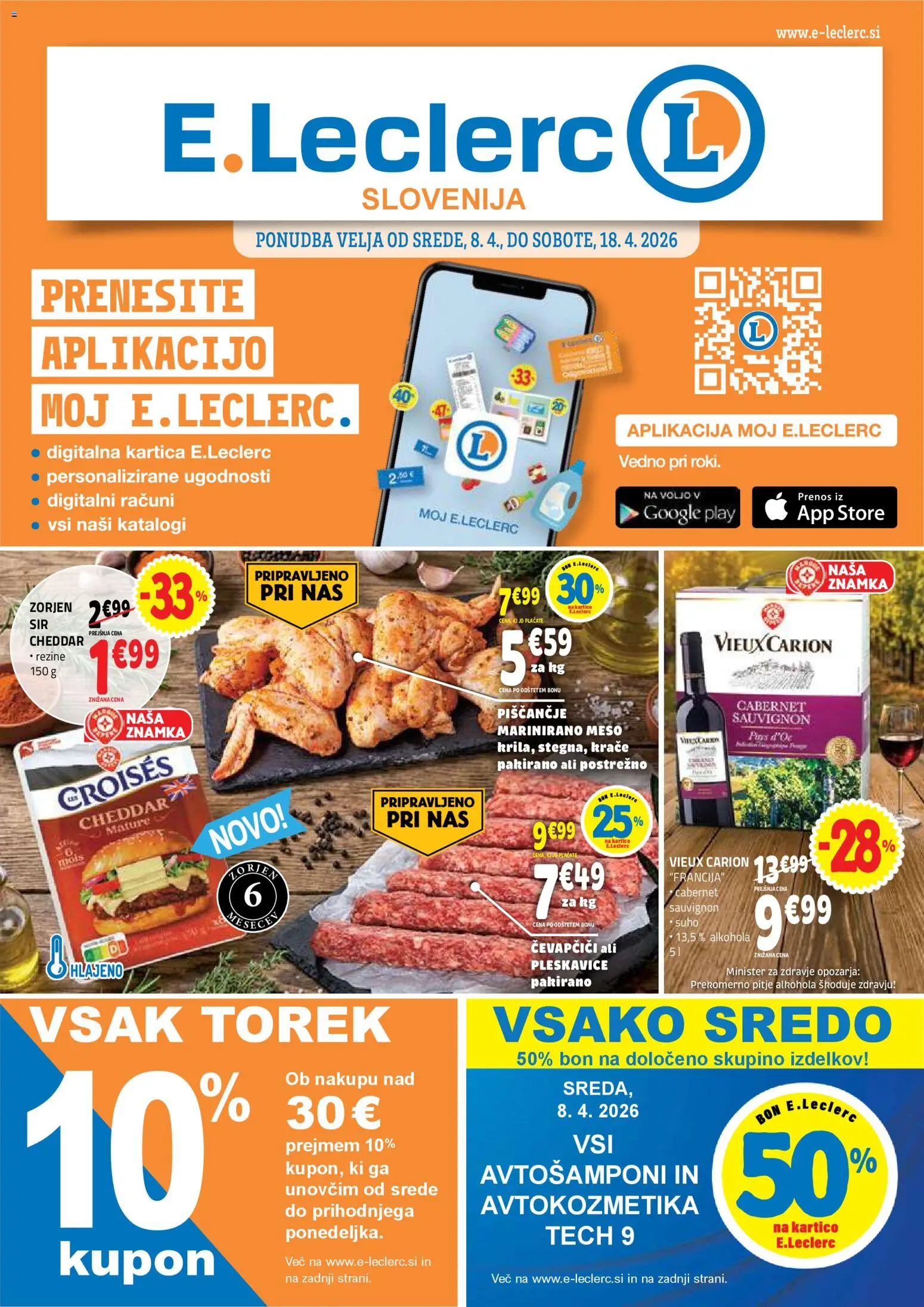 Novi E.leclerc katalog ponudbe – veljaven od 08.04.2026 | Stran: 1 | Izdelki: Čevapčiči, Pleskavice, Cheddar