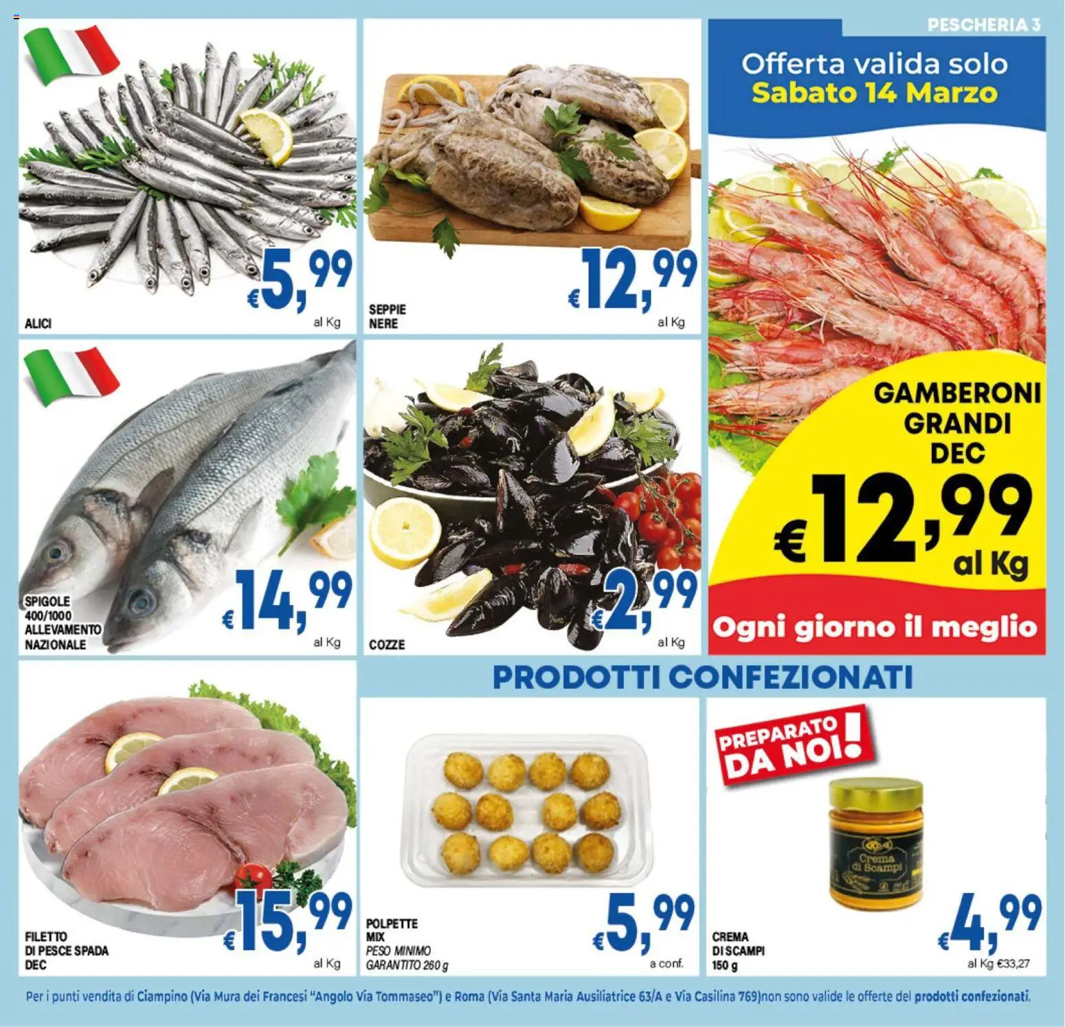 Volantino DEM del 06.03.2026 | Pagina: 3 | Prodotti: Crema, Cozze, Pesce spada, Polpette
