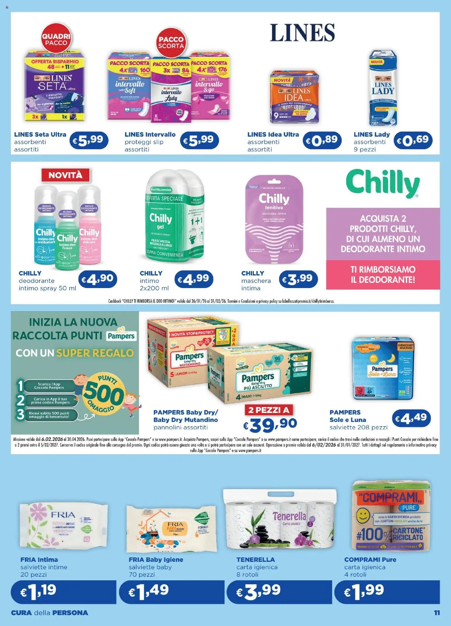 Volantino Acqua e Sapone del 05.02.2026 | Pagina: 11 | Prodotti: Pannolini, Proteggi slip, Detergente, Pampers
