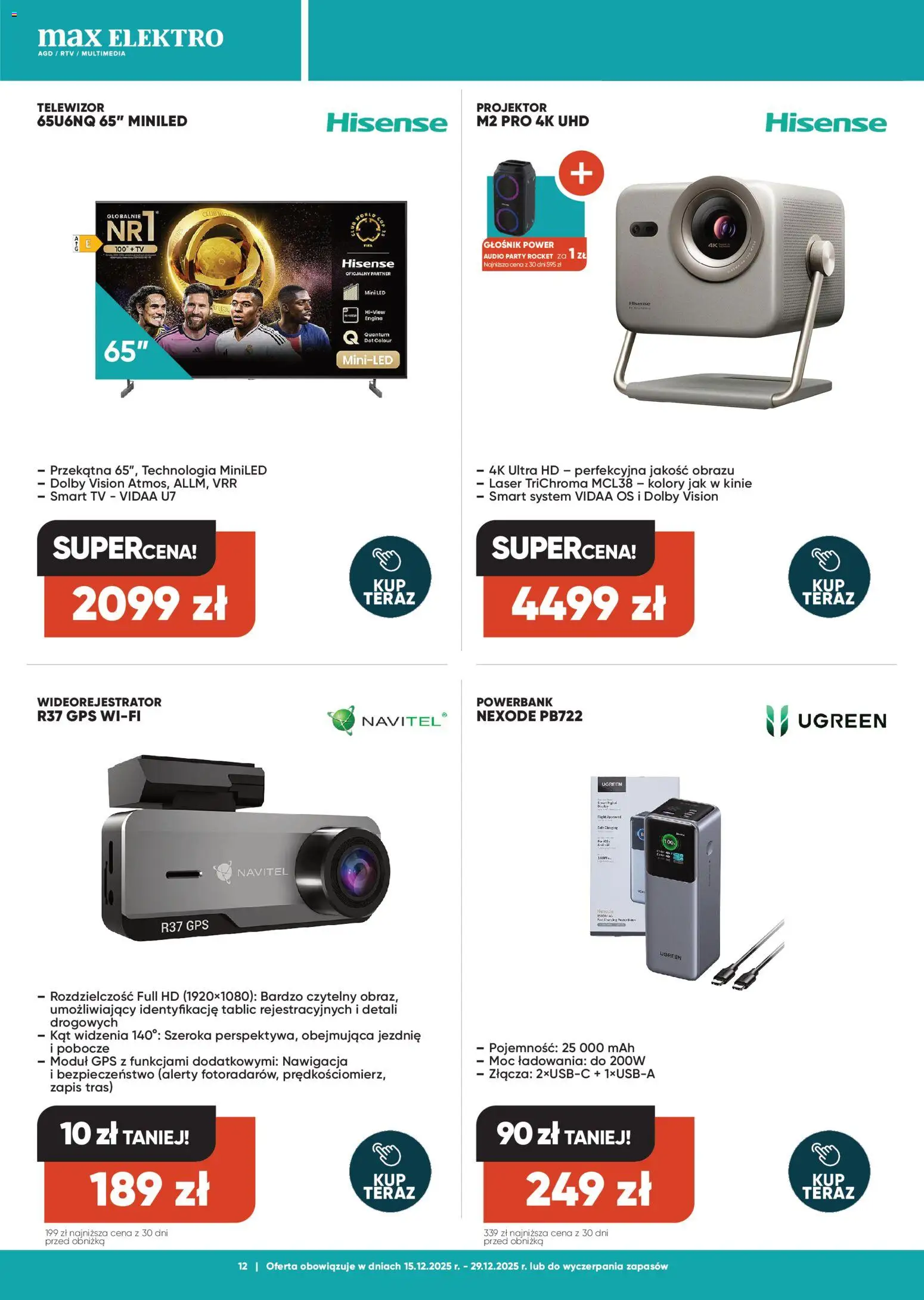 Max elektro Gazetka od 15.12.2025 | Strona: 12 | Produkty: Telewizor, Audio, Głośnik, Powerbank