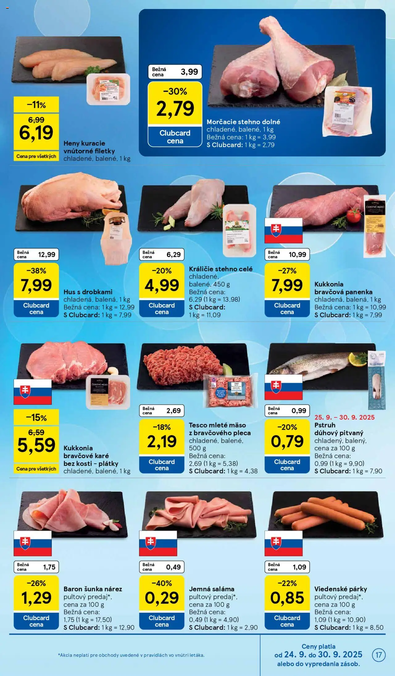 Nové Tesco akcie – leták je platný od 24.09.2025 | Strana: 17 | Produkty: Pstruh, Párky, Mleté mäso, Bravčové karé