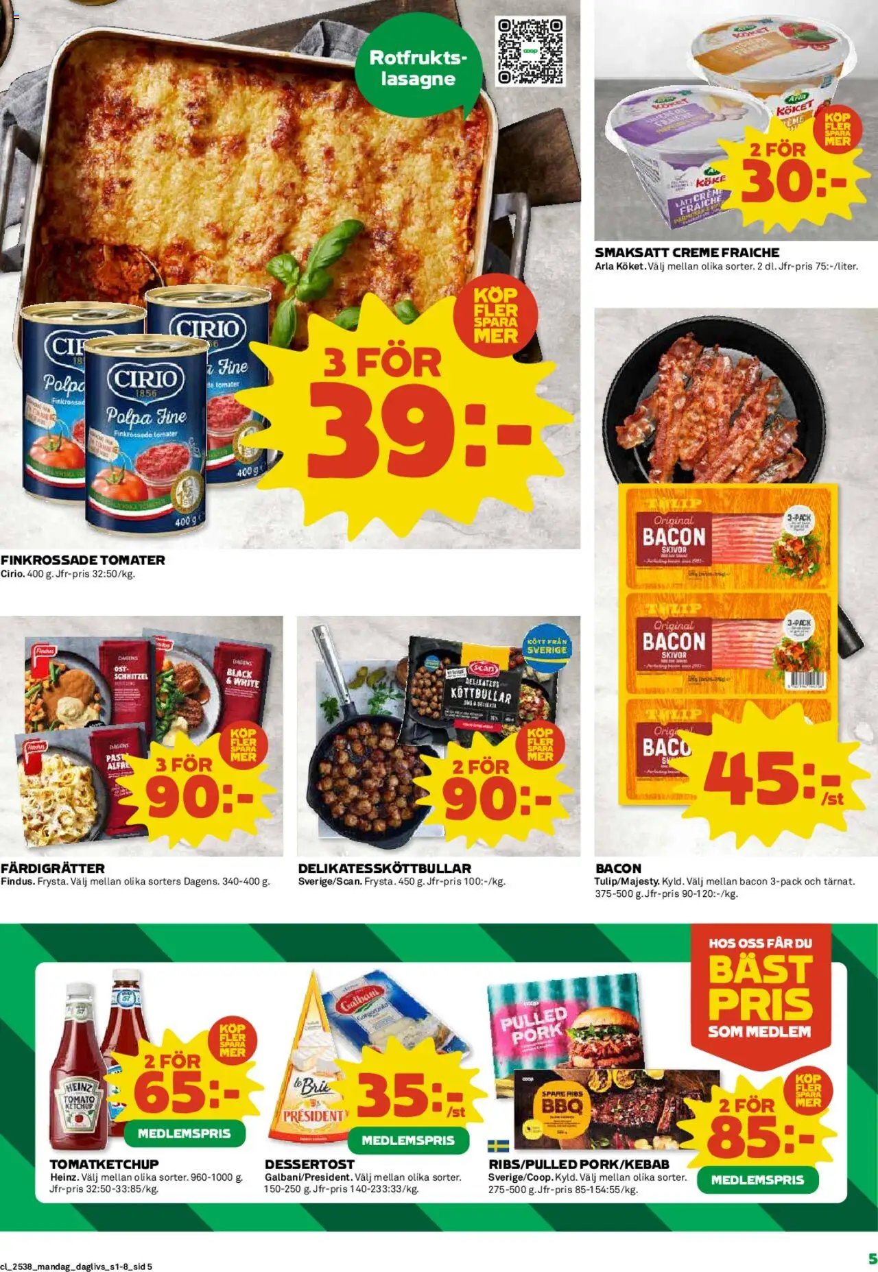 Coop Daglivs reklamblad aktuell från 15.09.2025 | Sida: 5 | Produkter: Köttbullar, Bacon, Creme fraiche, Tomater