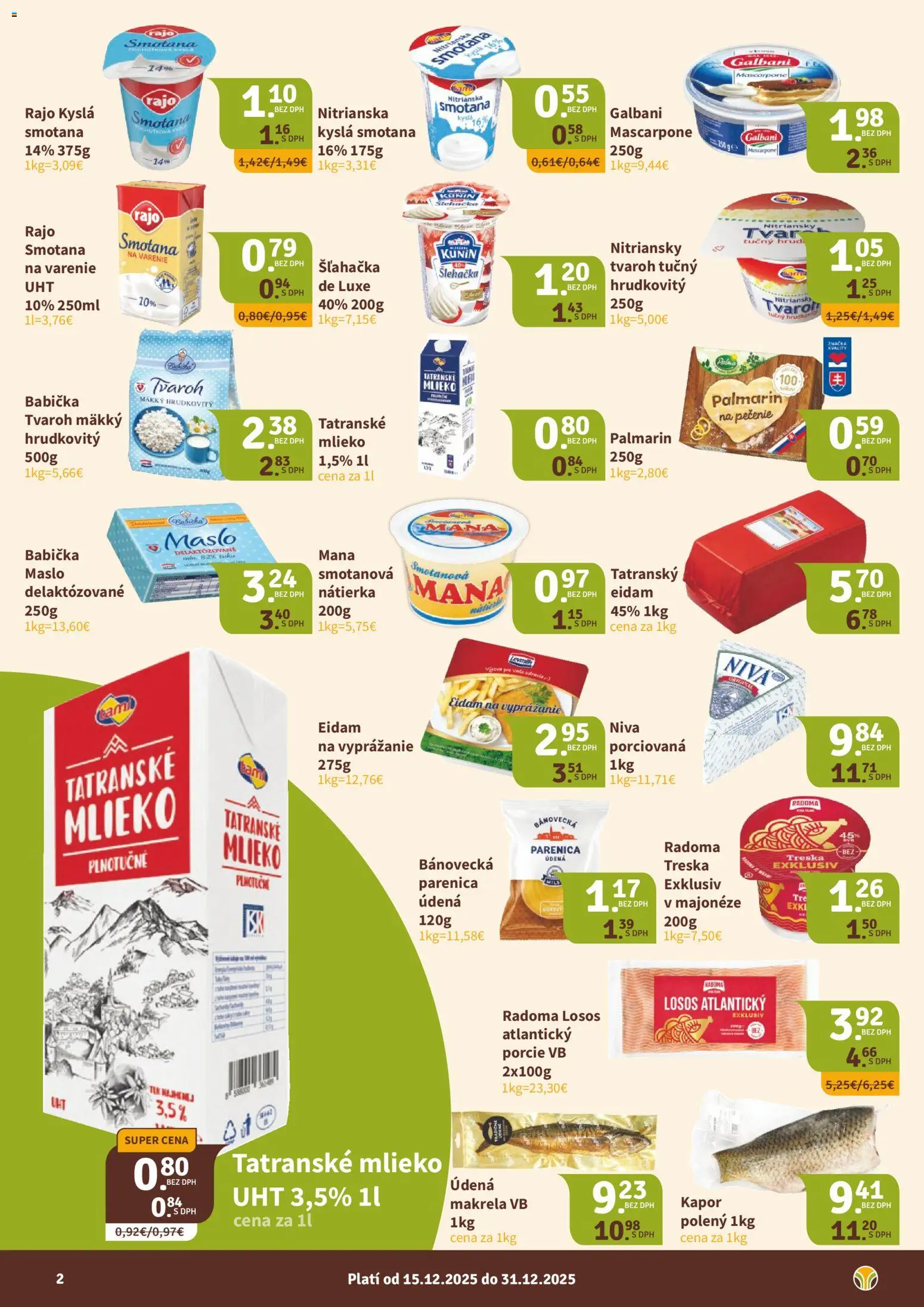 Nové Nitrazdroj akcie – leták je platný od 15.12.2025 | Strana: 2 | Produkty: Maslo, Smotana, Tvaroh, Treska