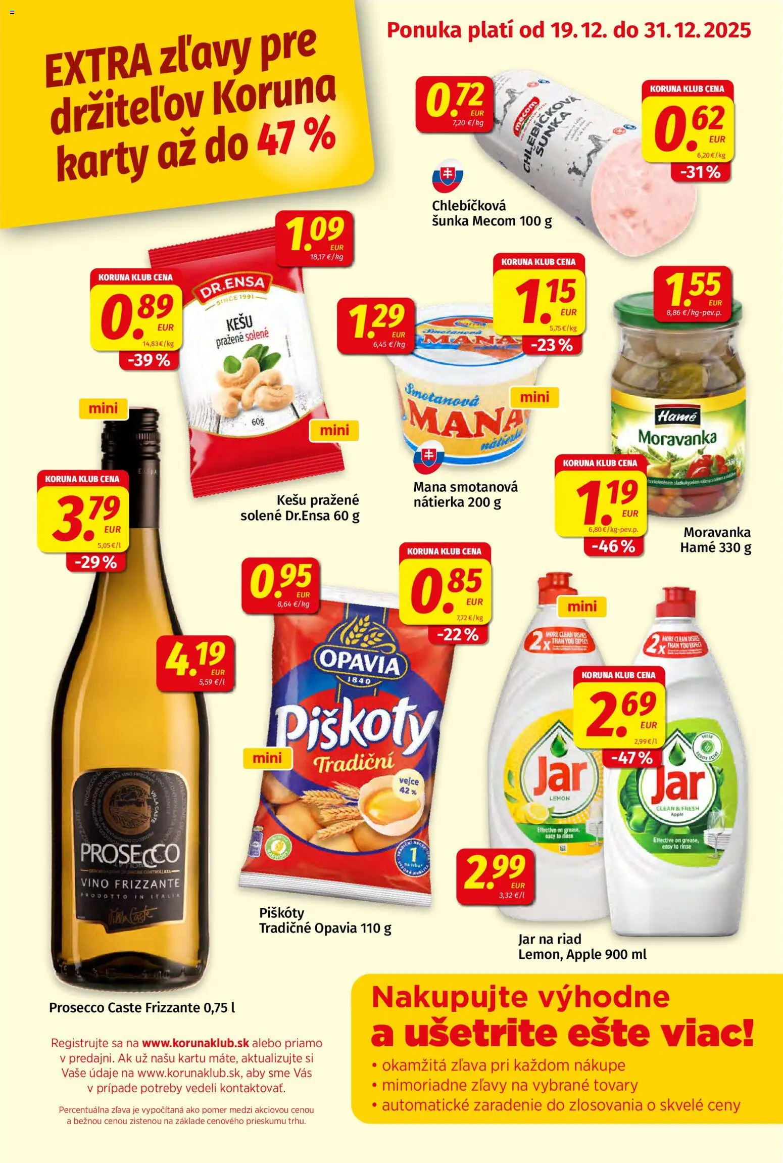 Nové Koruna akcie – leták je platný od 19.12.2025 | Strana: 1 | Produkty: Víno, Prosecco, Apple, Jar