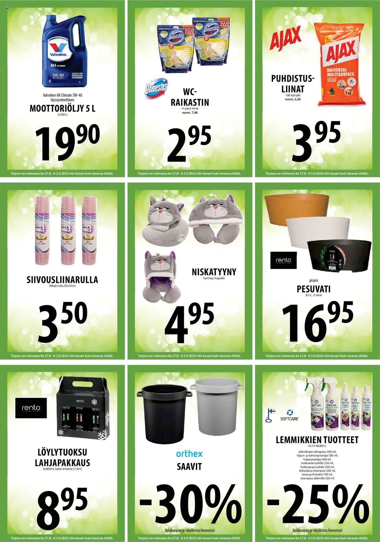  | Sivu: 9 | Tuotteet: Shampoo, Moottoriöljy, Hoitoaine, Niskatyyny