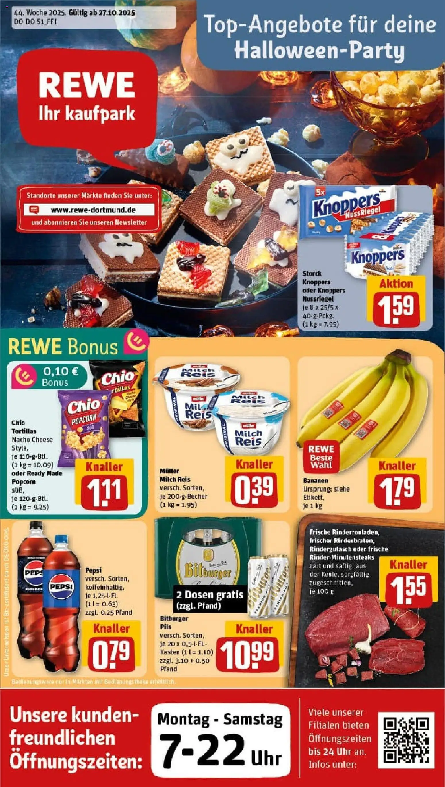 Rewe prospekt Schalksmühle	 – gültig ab 26.10.2025 | Seite: 1 | Produkte: Bitburger, Rindergulasch, Bananen, Chio tortillas